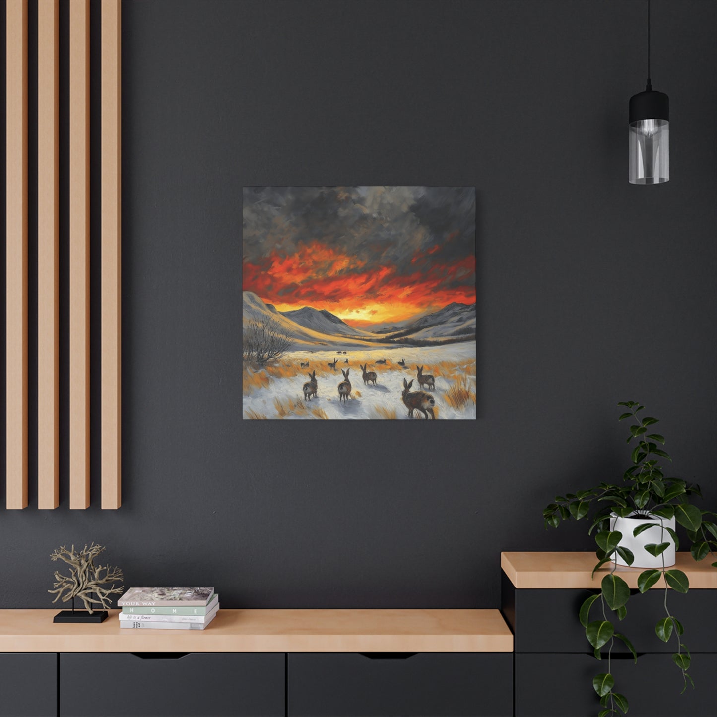 Stretched Canvas Art: Snowy Landscape with Rabbits - Perfect for Home Décor