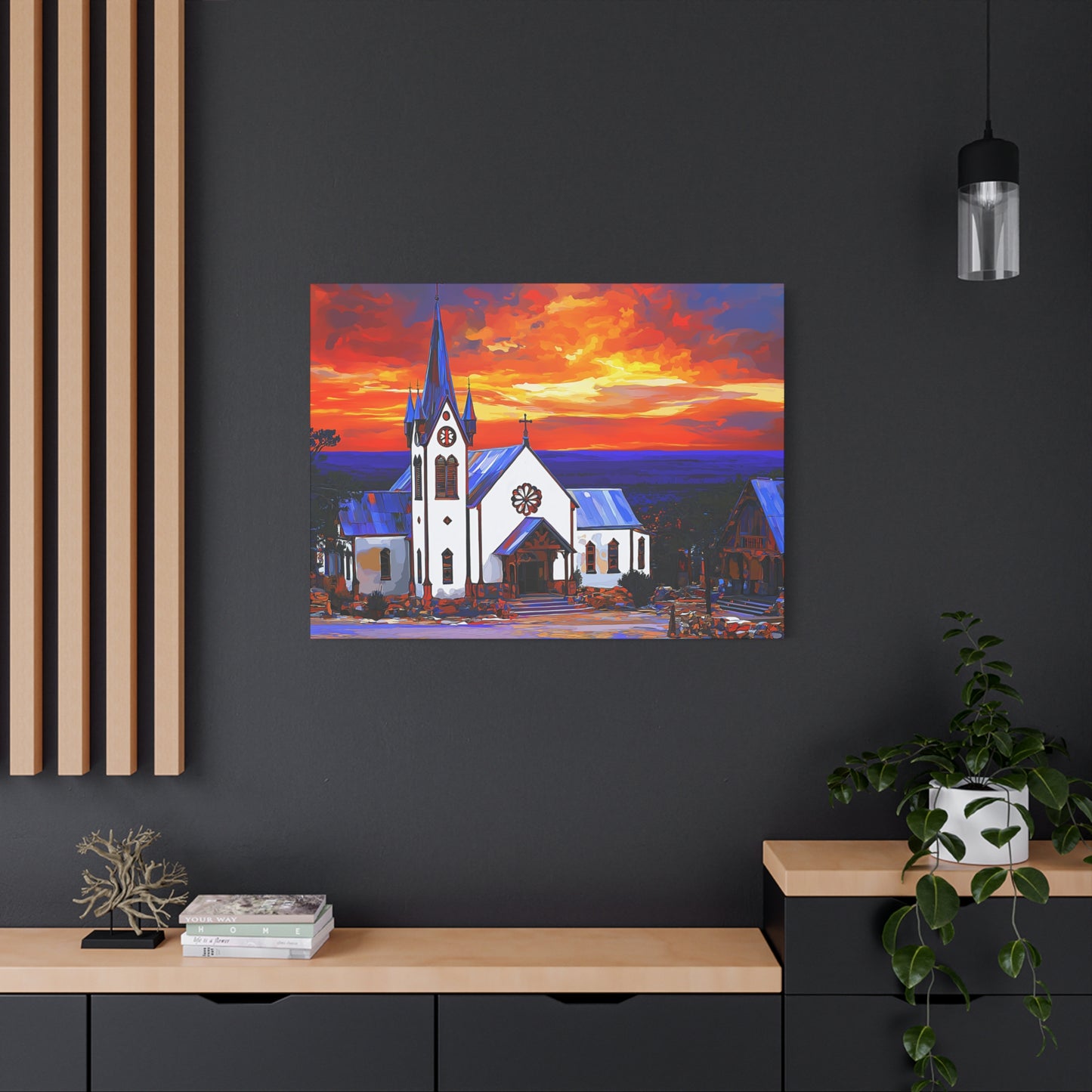 Canvas Print - Bold White Church with Fire Sky