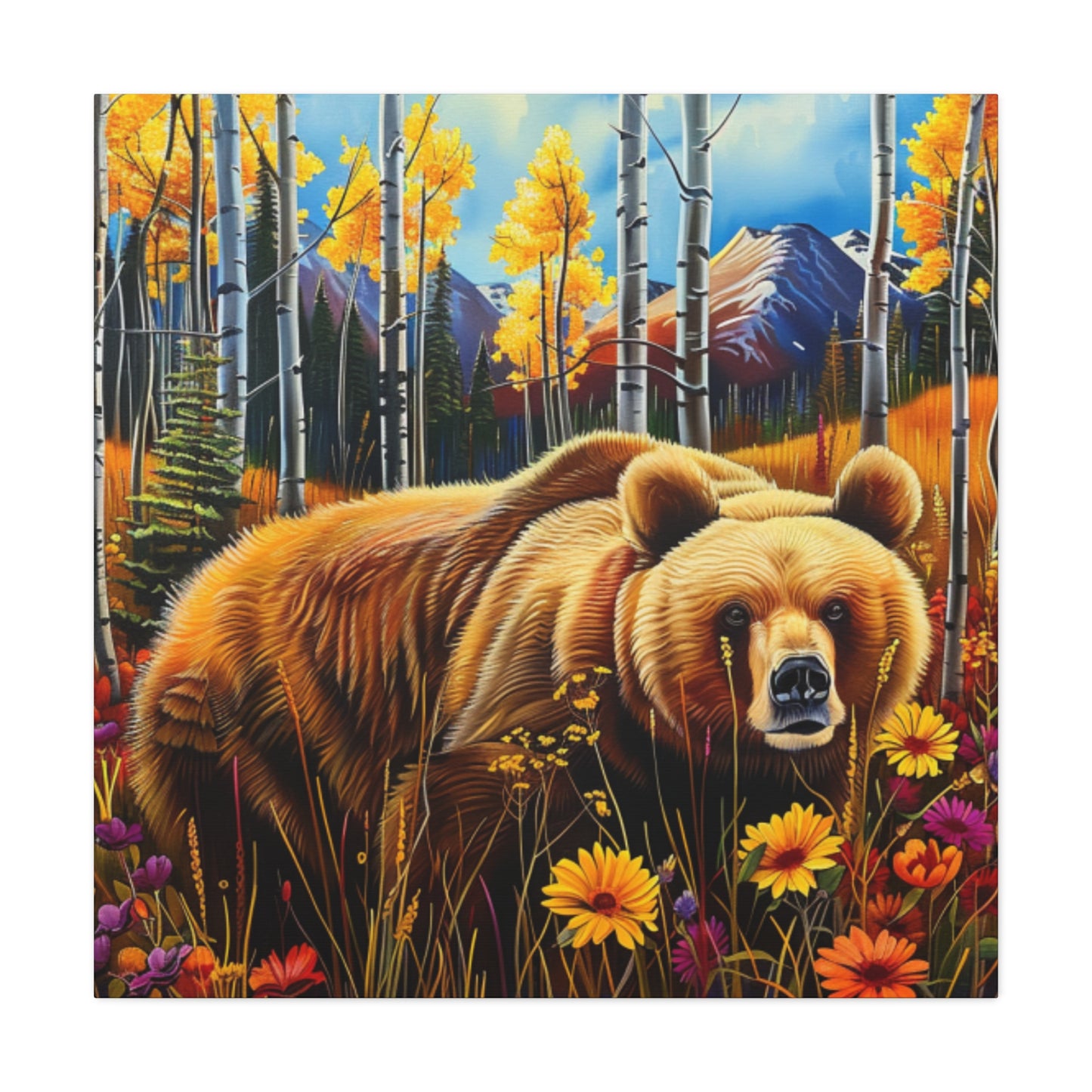 Brown Bear in Mountains smelling flowers