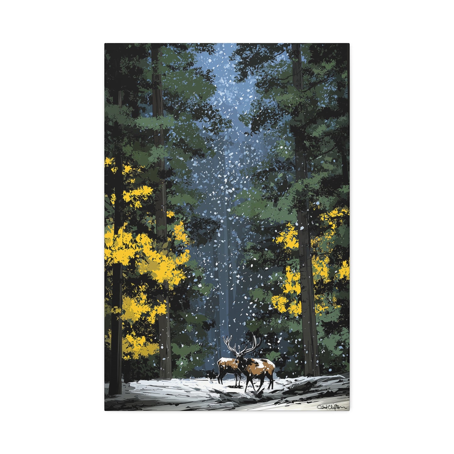 Snowy Forest Scene with Elk-1.5" depth