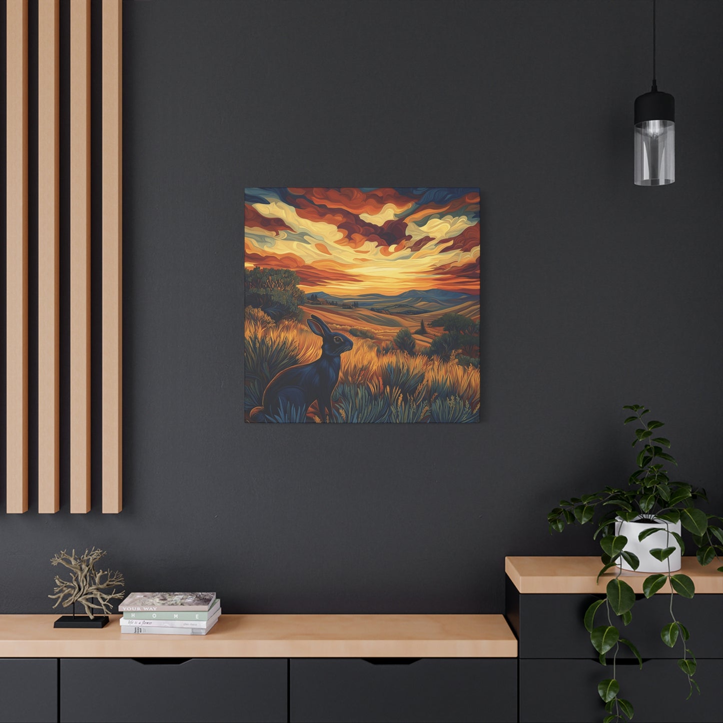 Serene Landscape Canvas Art - Black Rabbit at Sunset