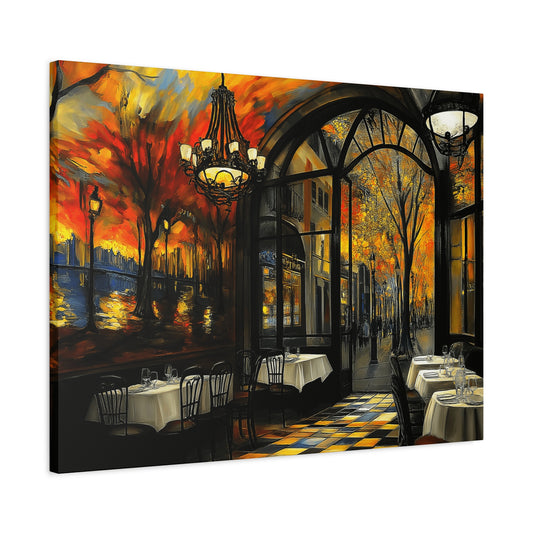 Autumn Cafe Scene Matte Canvas Artwork - Stretched Decorative Wall Art