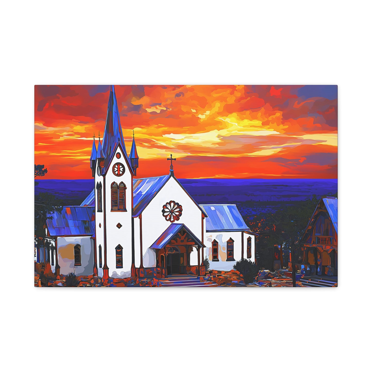 Canvas Print - Bold White Church with Fire Sky