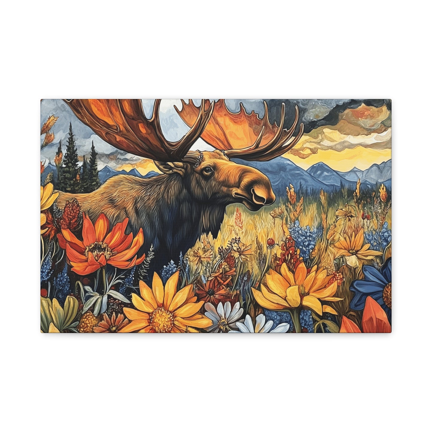 Wildlife Canvas Art - Moose in Floral Landscape