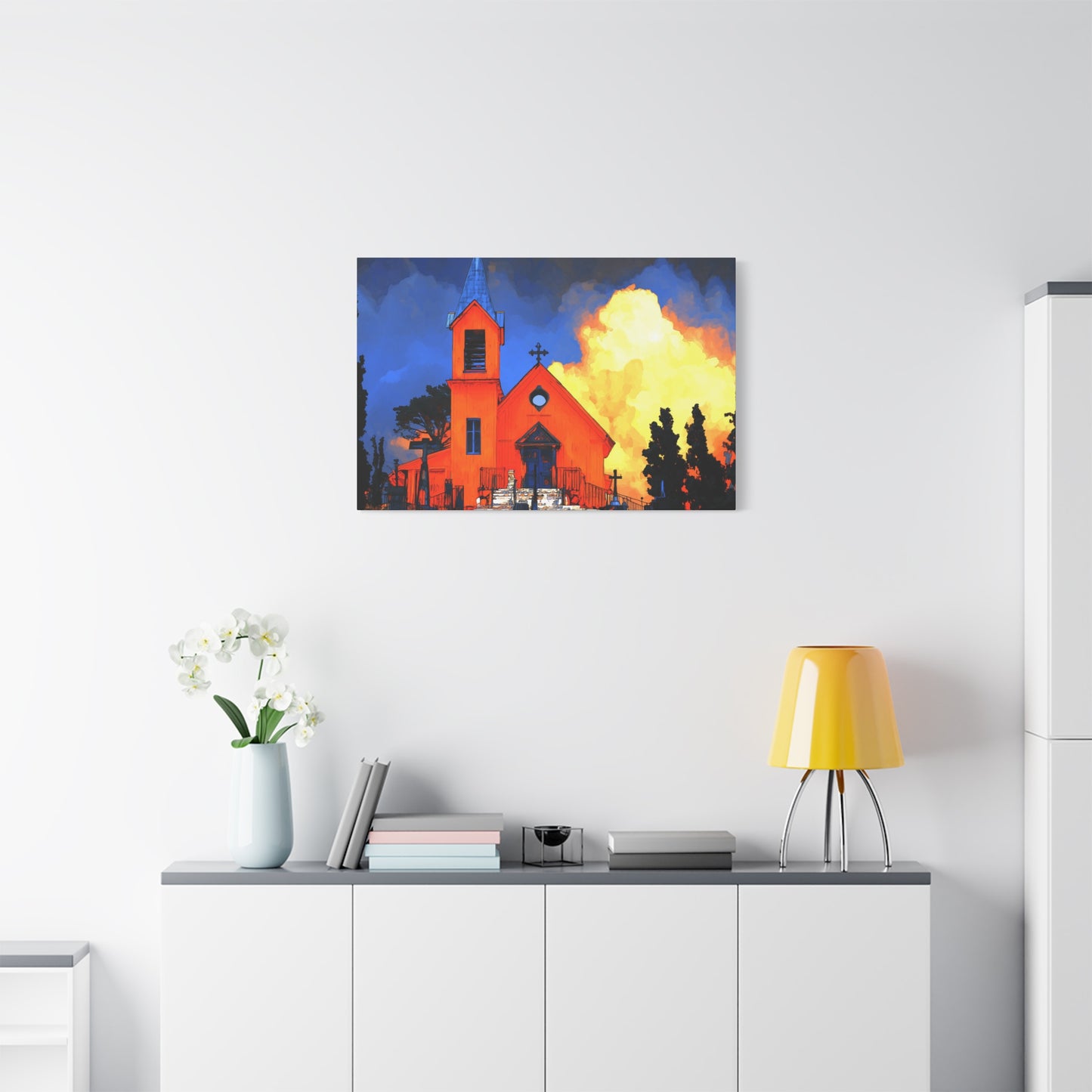 Canvas Print - Red Church & Yellow Clouds