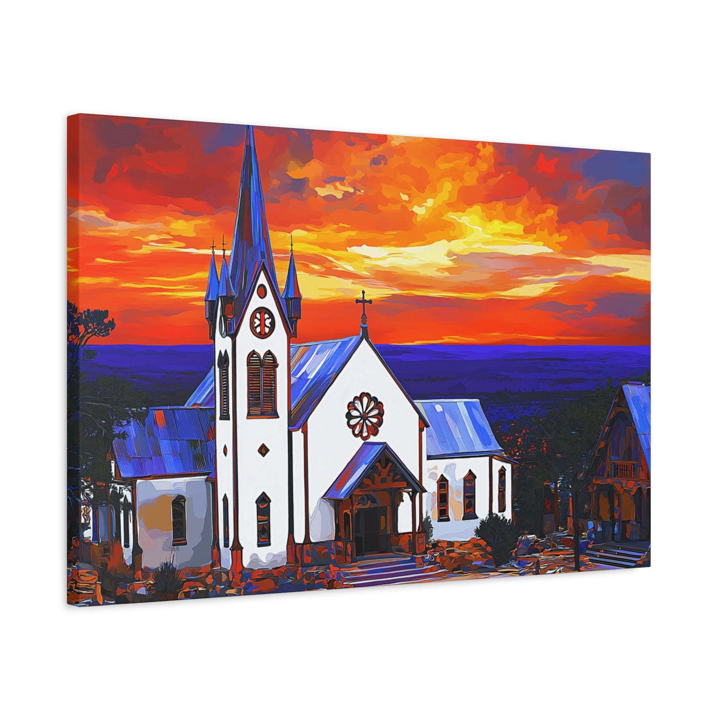 Canvas Print - Bold White Church with Fire Sky