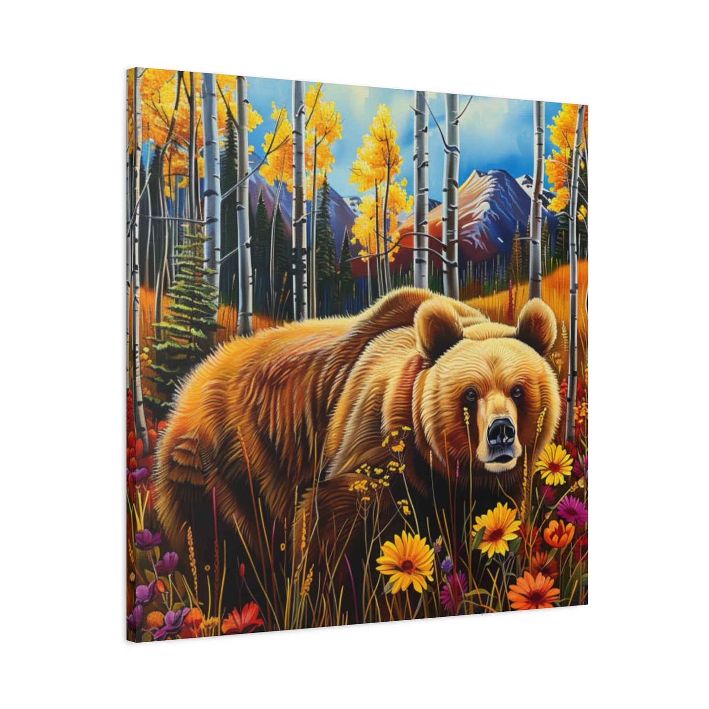 Brown Bear in Mountains smelling flowers