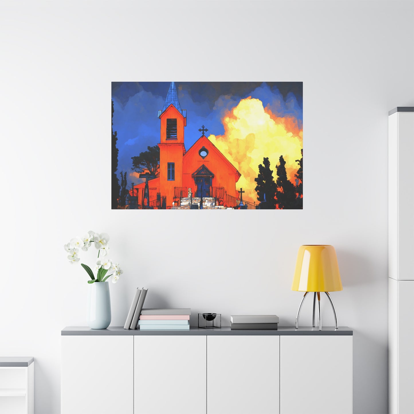 Canvas Print - Red Church & Yellow Clouds