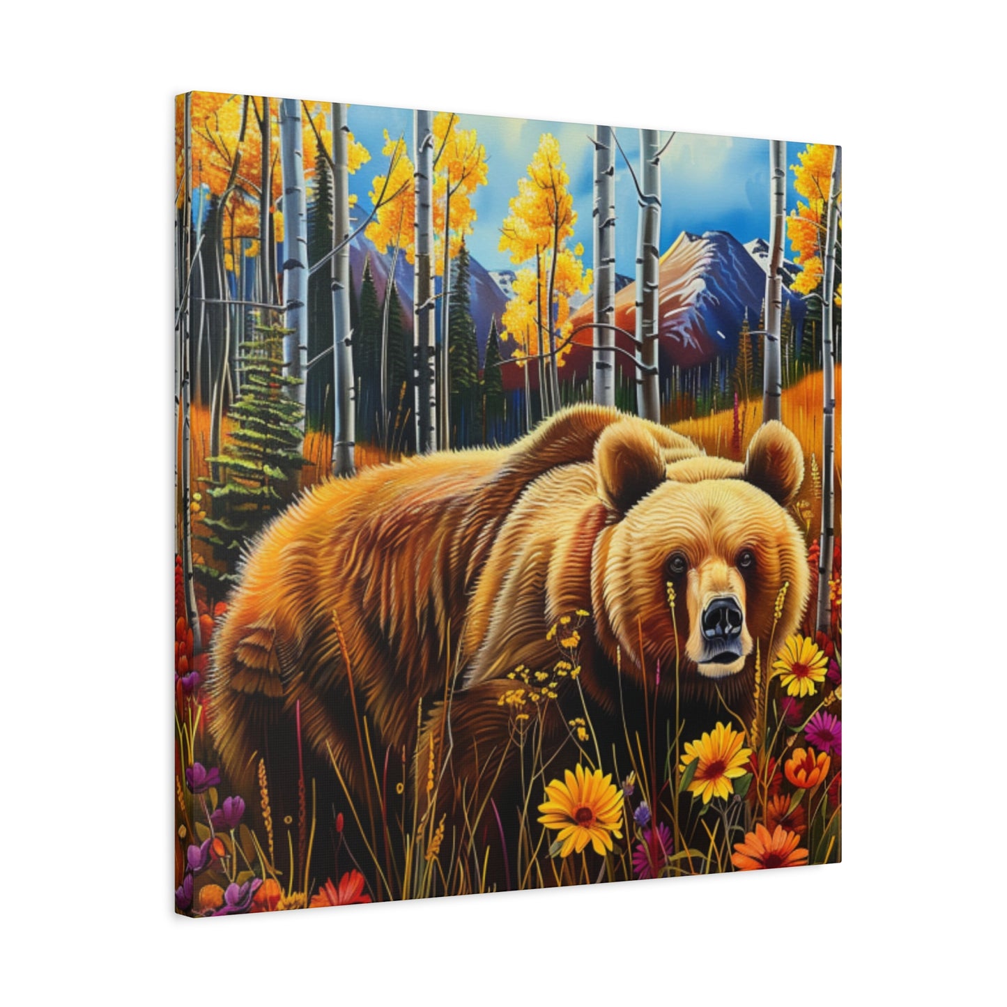 Brown Bear in Mountains smelling flowers
