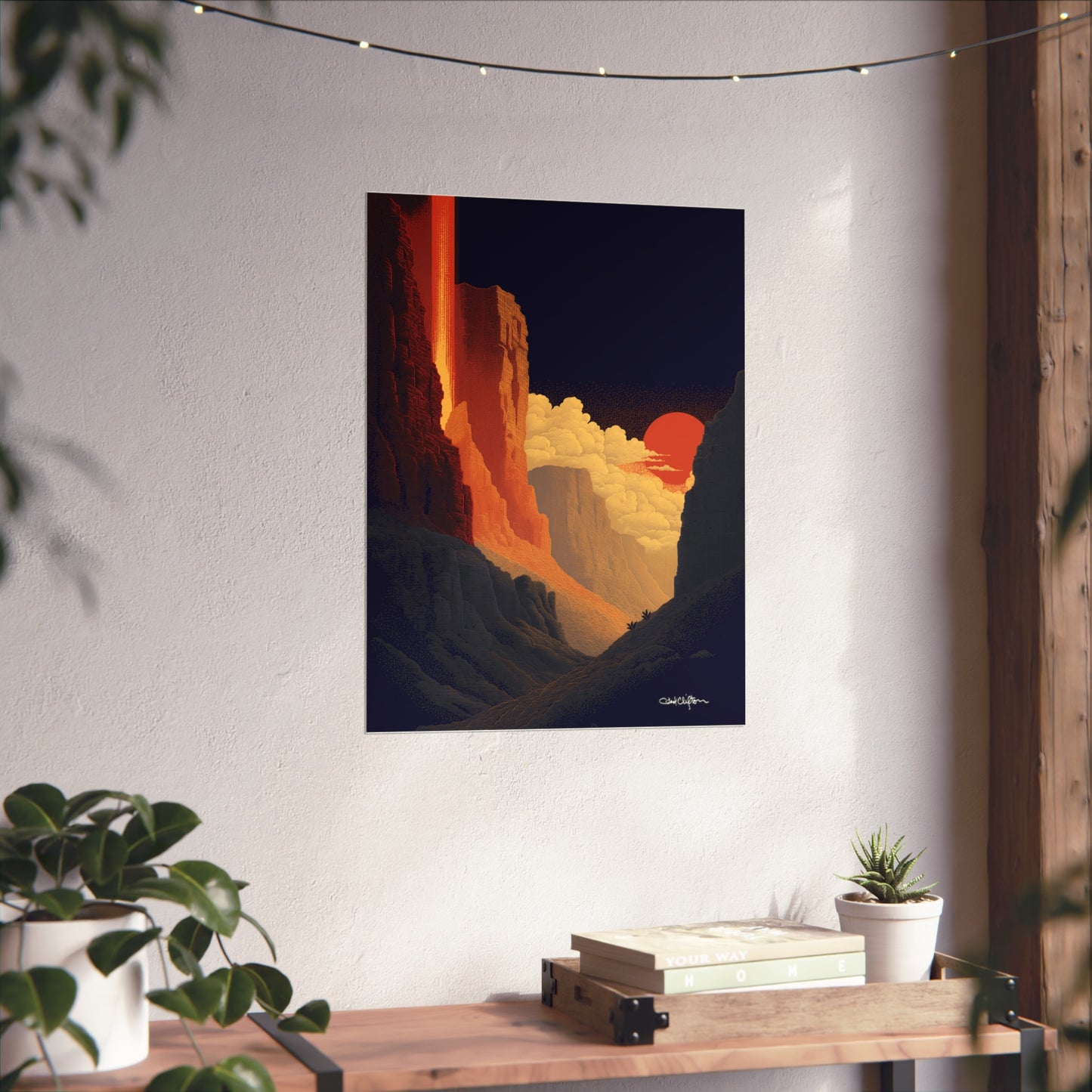 Sunset Canyon Giclee Fine Art Poster — Dramatic Red Sun Landscape Wall Art