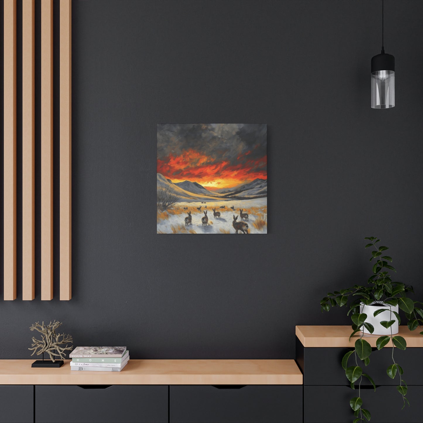 Stretched Canvas Art: Snowy Landscape with Rabbits - Perfect for Home Décor