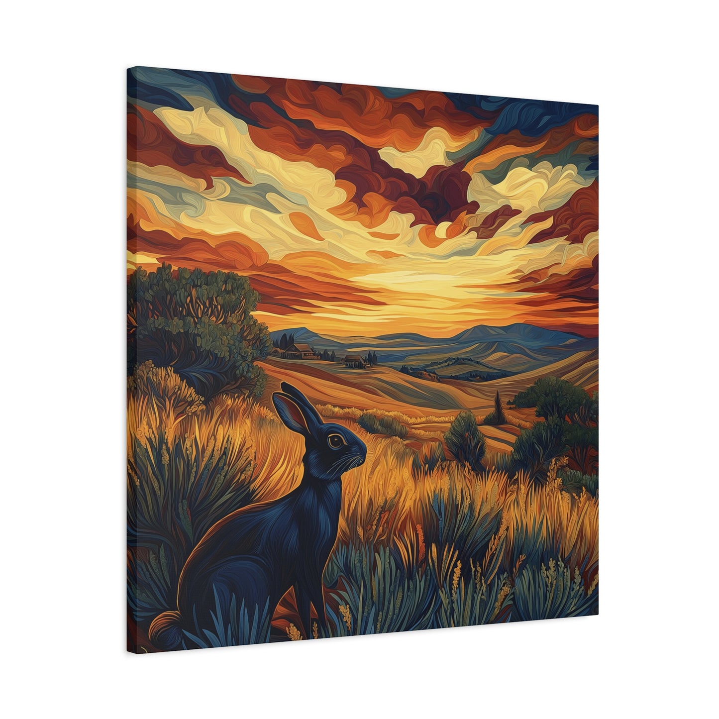 Serene Landscape Canvas Art - Black Rabbit at Sunset