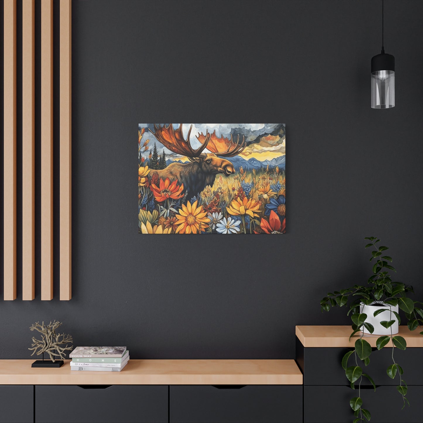 Wildlife Canvas Art - Moose in Floral Landscape