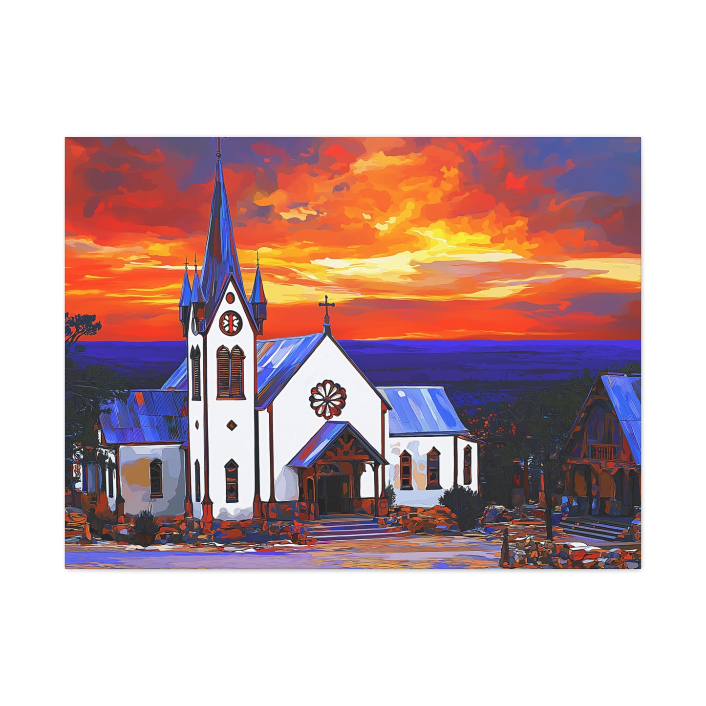 Canvas Print - Bold White Church with Fire Sky