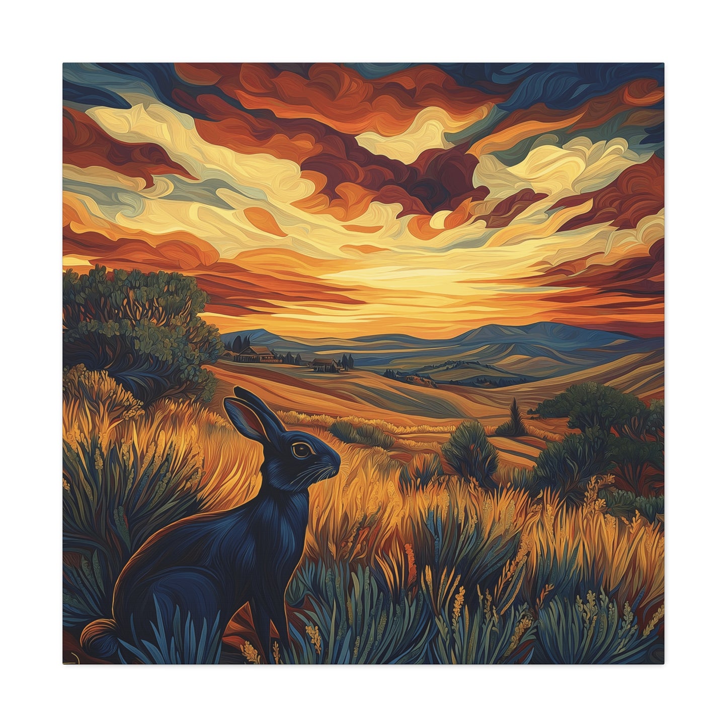 Serene Landscape Canvas Art - Black Rabbit at Sunset