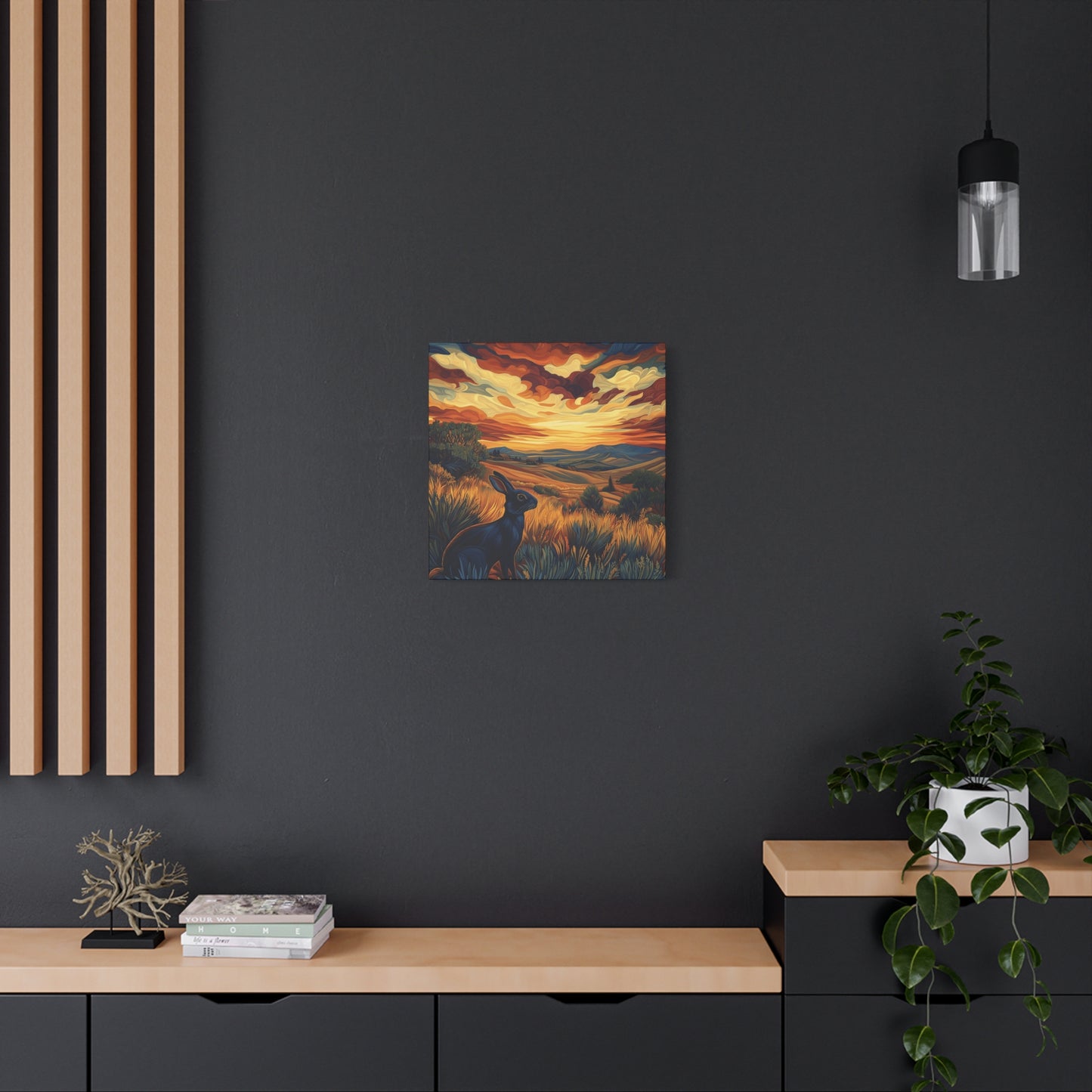 Serene Landscape Canvas Art - Black Rabbit at Sunset