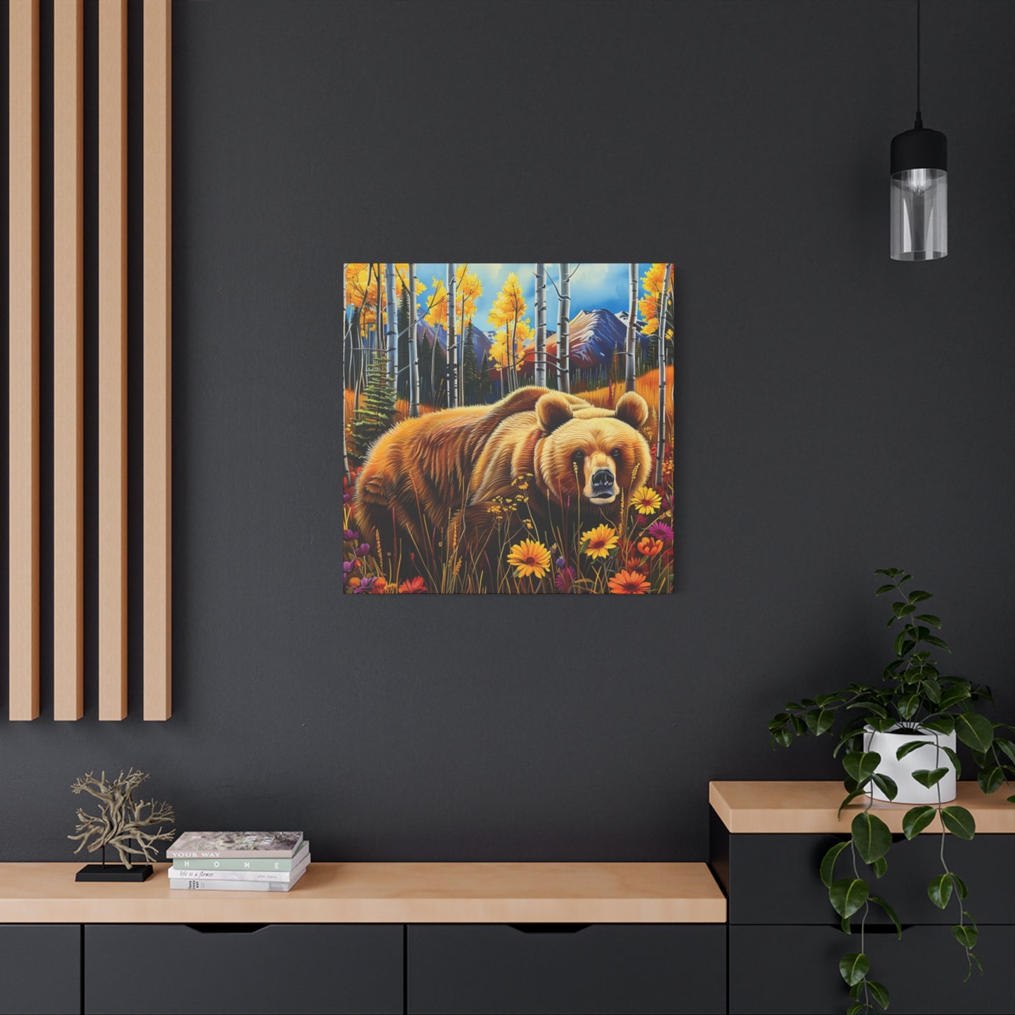 Brown Bear in Mountains smelling flowers