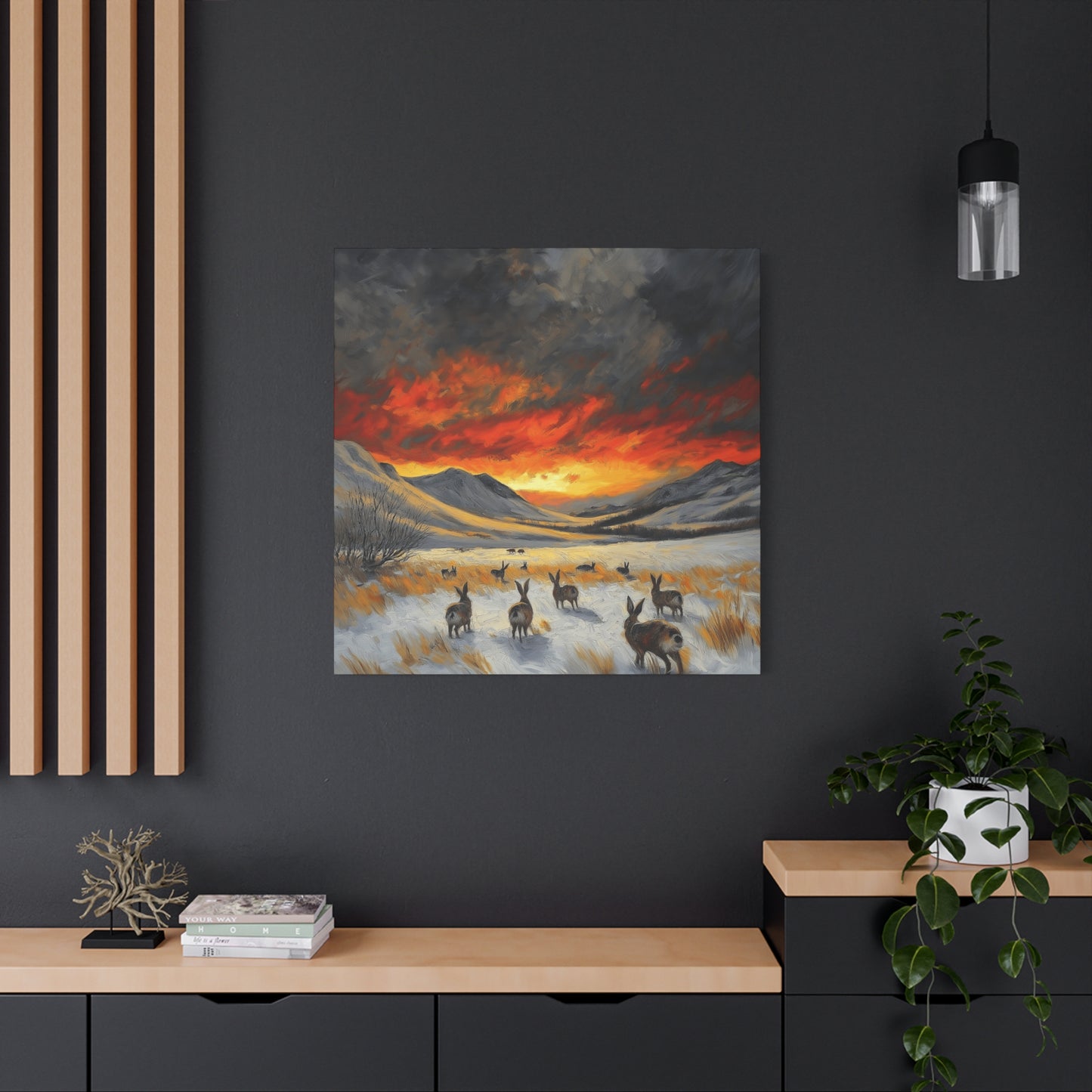Stretched Canvas Art: Snowy Landscape with Rabbits - Perfect for Home Décor