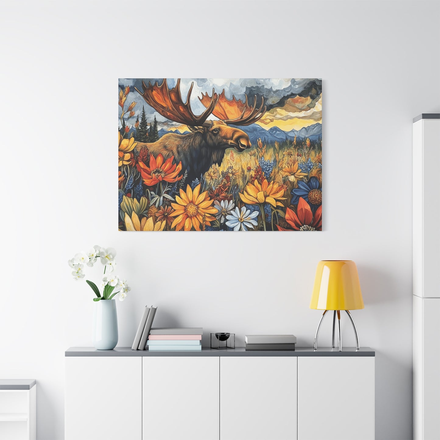 Wildlife Canvas Art - Moose in Floral Landscape