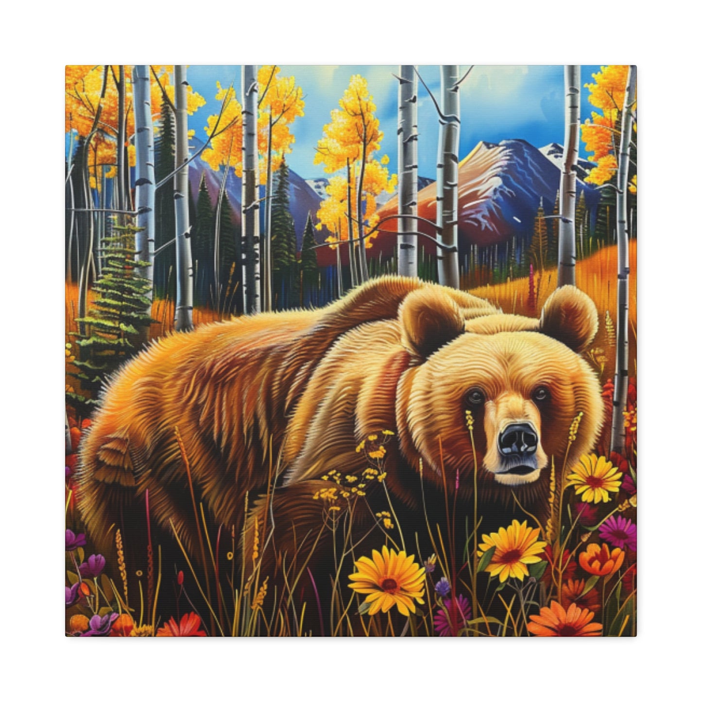 Brown Bear in Mountains smelling flowers