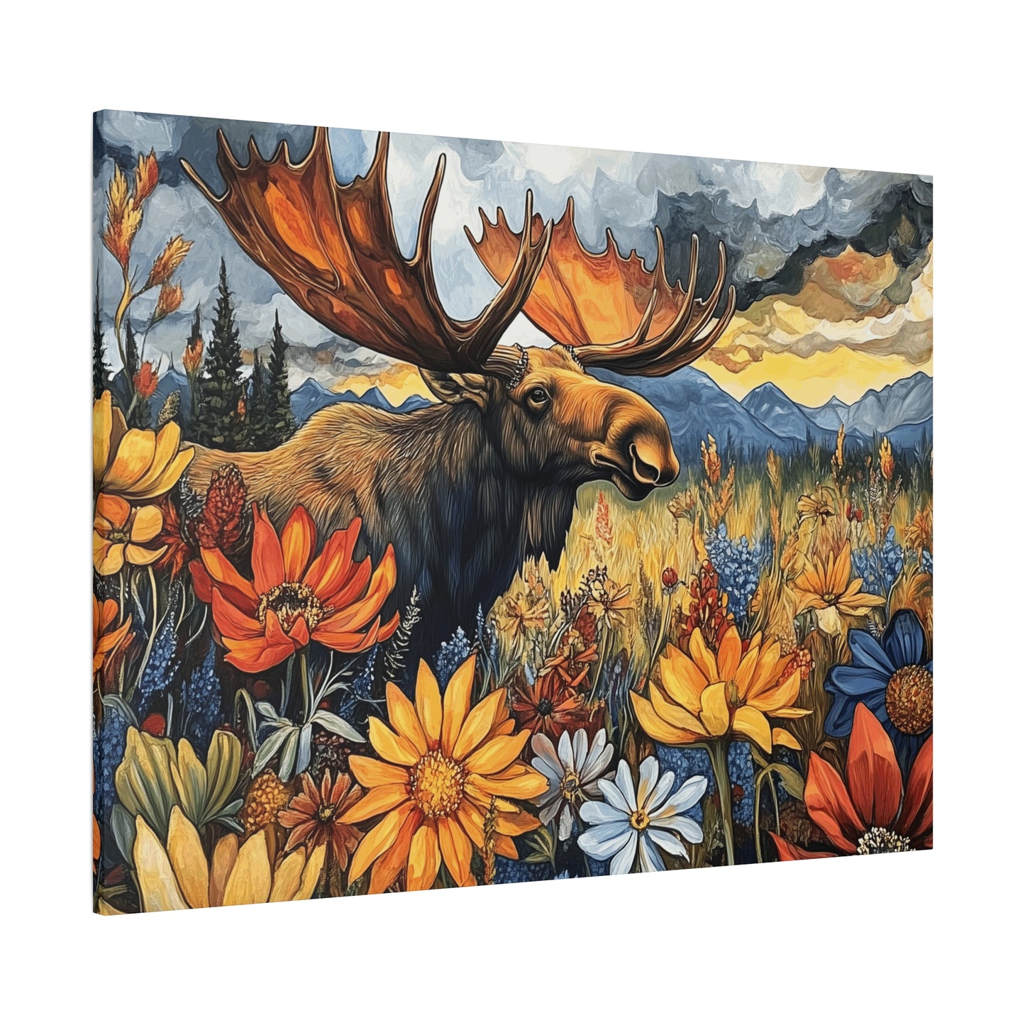 Wildlife Canvas Art - Moose in Floral Landscape