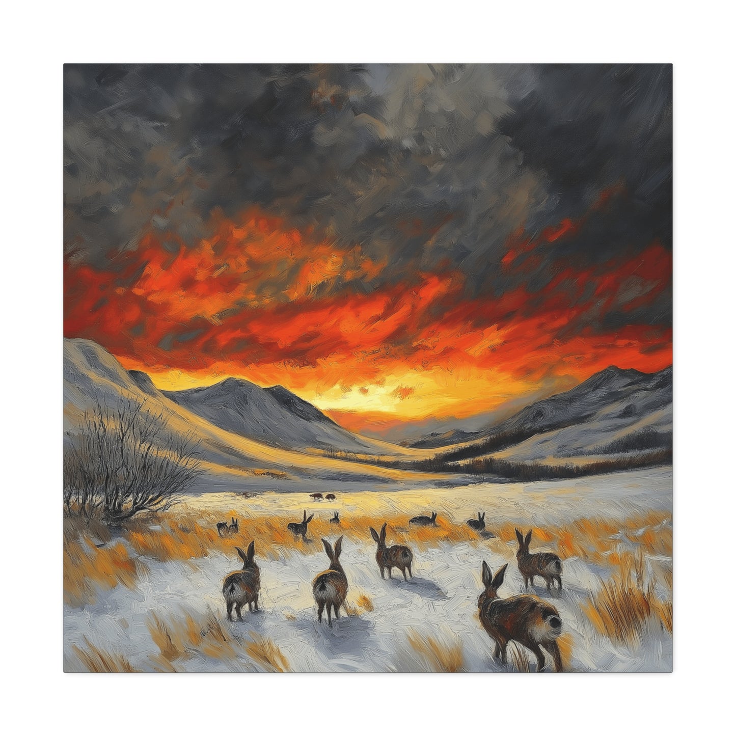Stretched Canvas Art: Snowy Landscape with Rabbits - Perfect for Home Décor