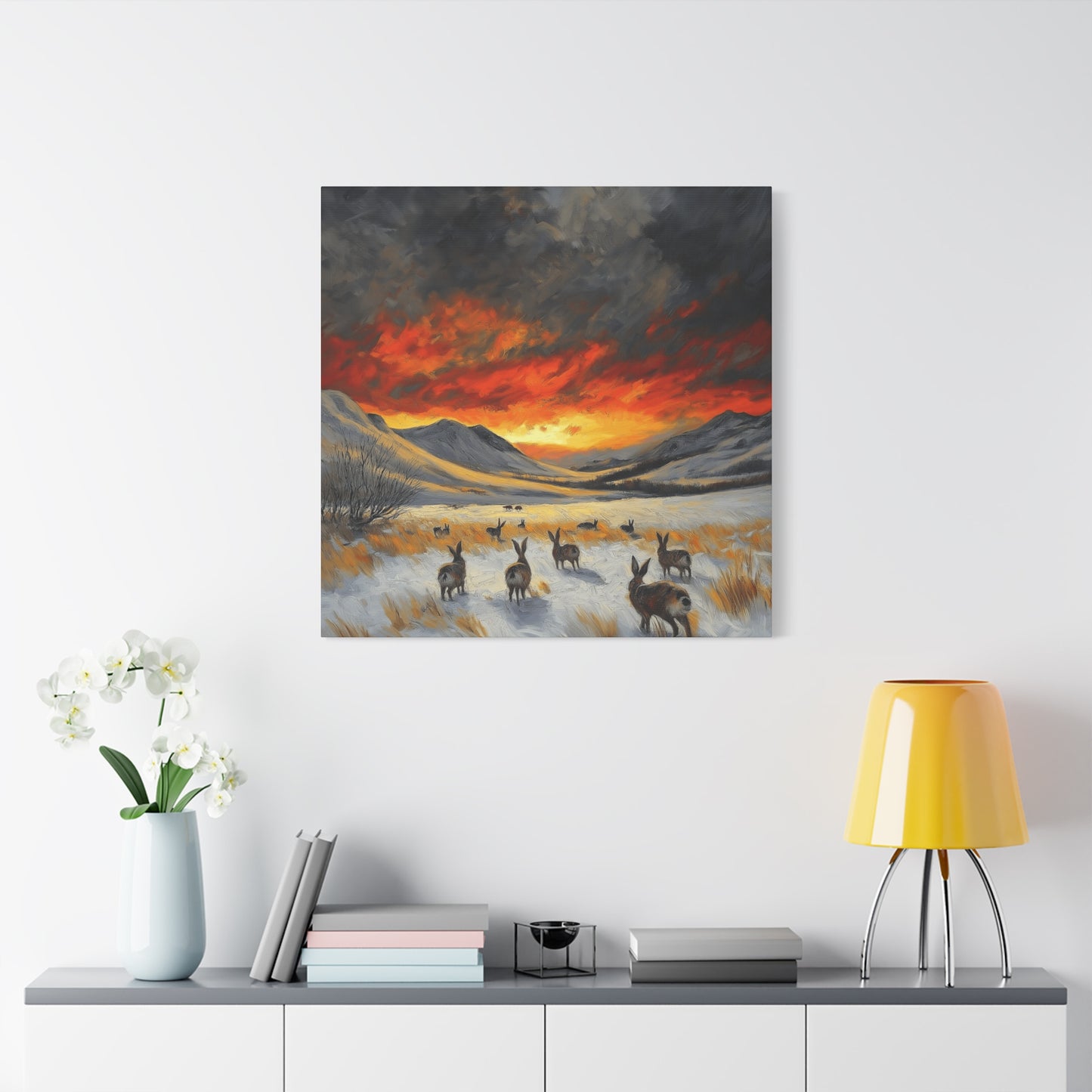 Stretched Canvas Art: Snowy Landscape with Rabbits - Perfect for Home Décor