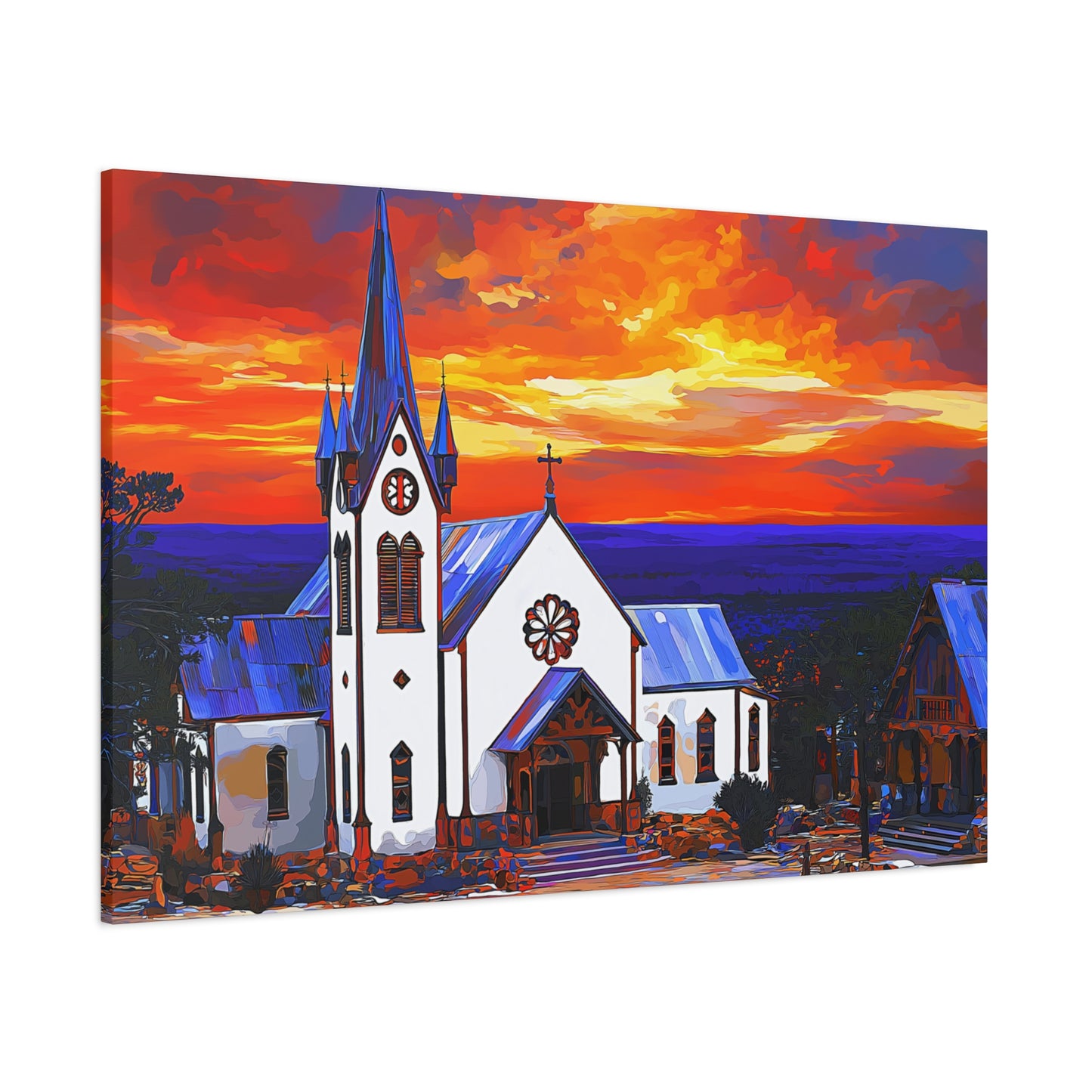 Canvas Print - Bold White Church with Fire Sky