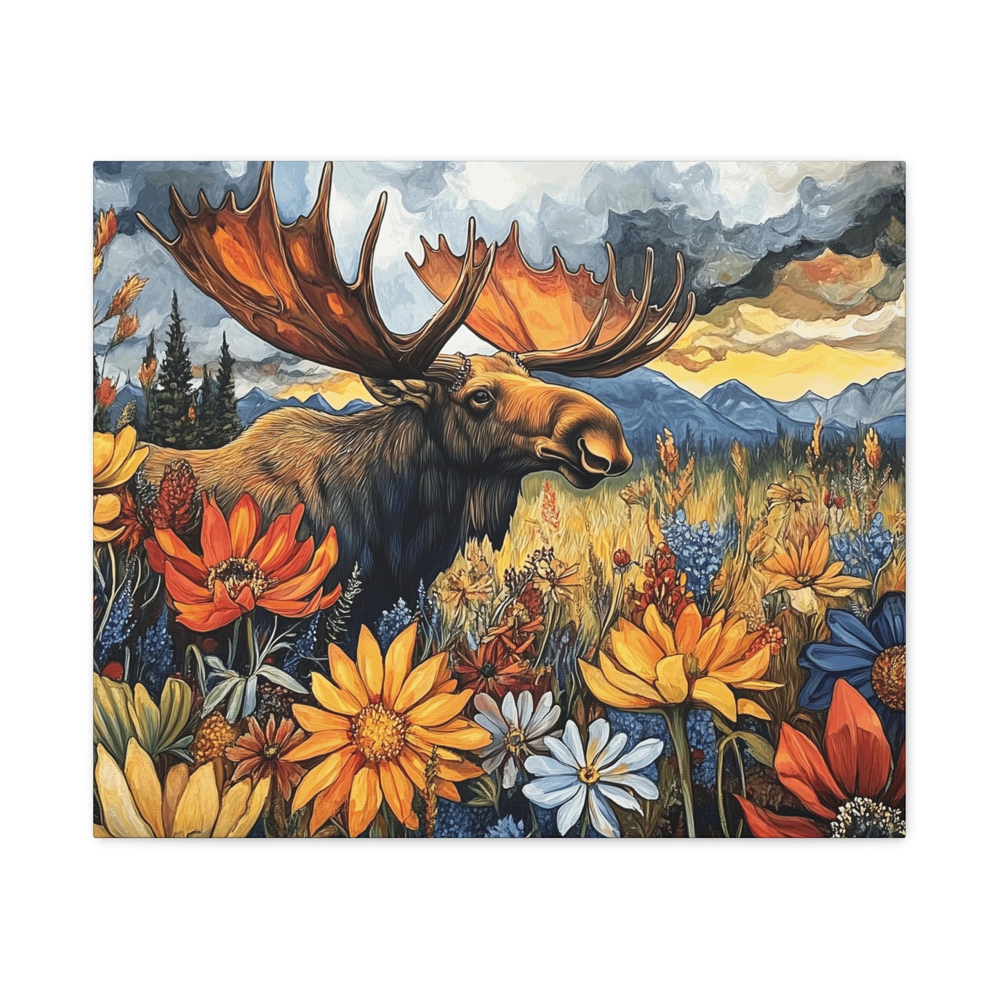 Wildlife Canvas Art - Moose in Floral Landscape