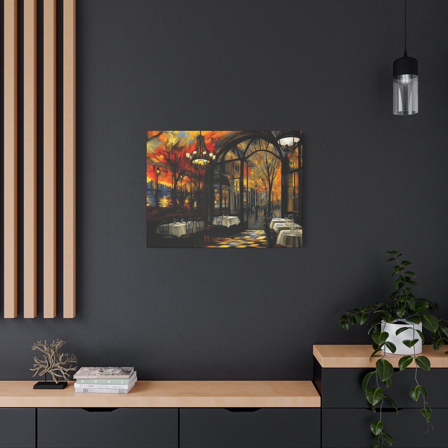 Autumn Cafe Scene Matte Canvas Artwork - Stretched Decorative Wall Art