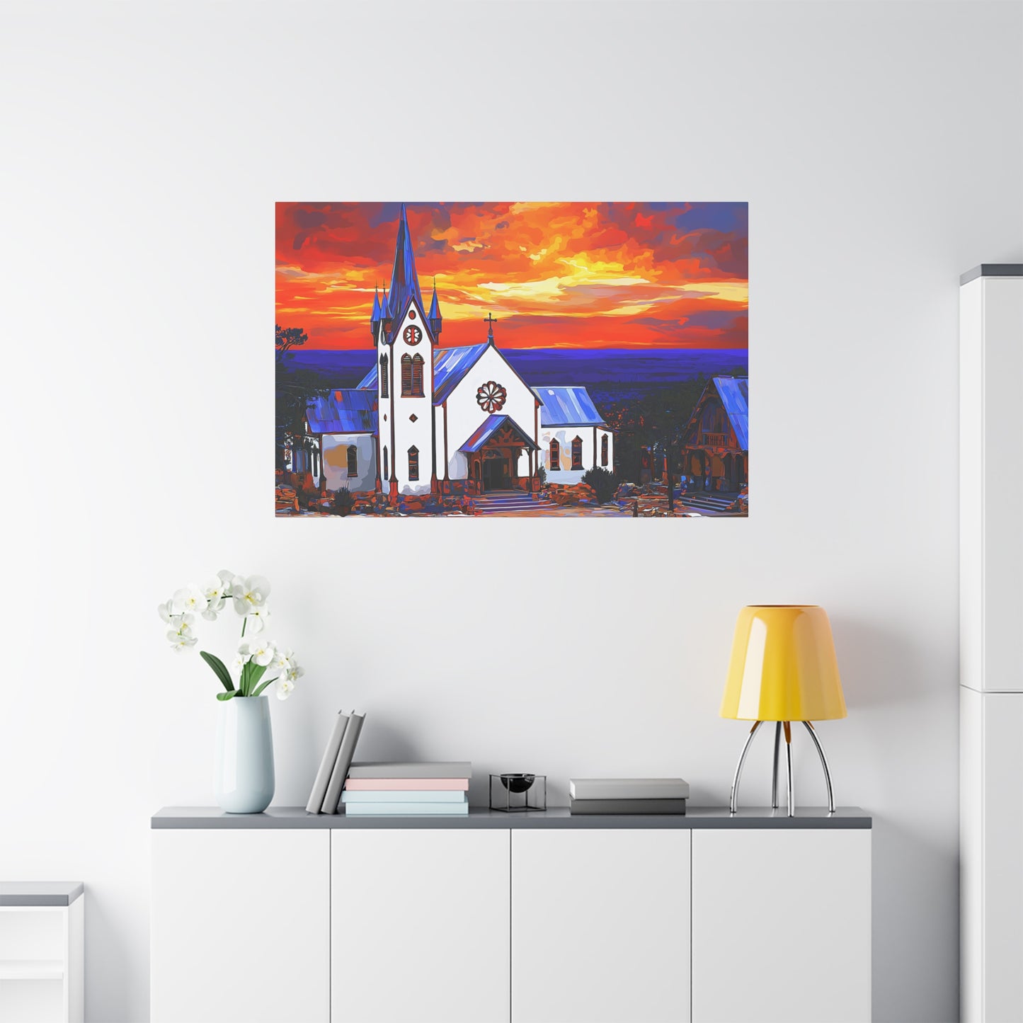 Canvas Print - Bold White Church with Fire Sky