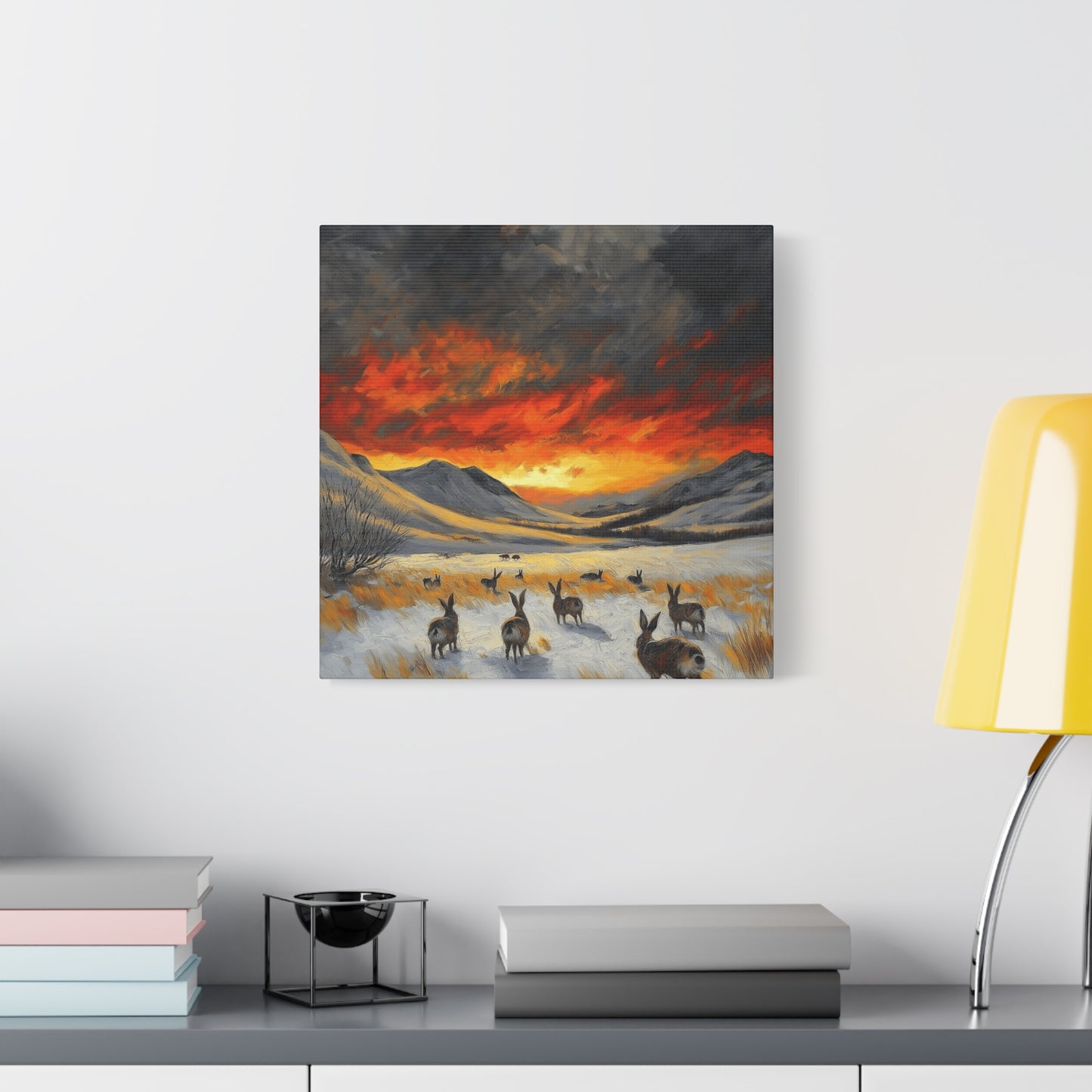 Stretched Canvas Art: Snowy Landscape with Rabbits - Perfect for Home Décor