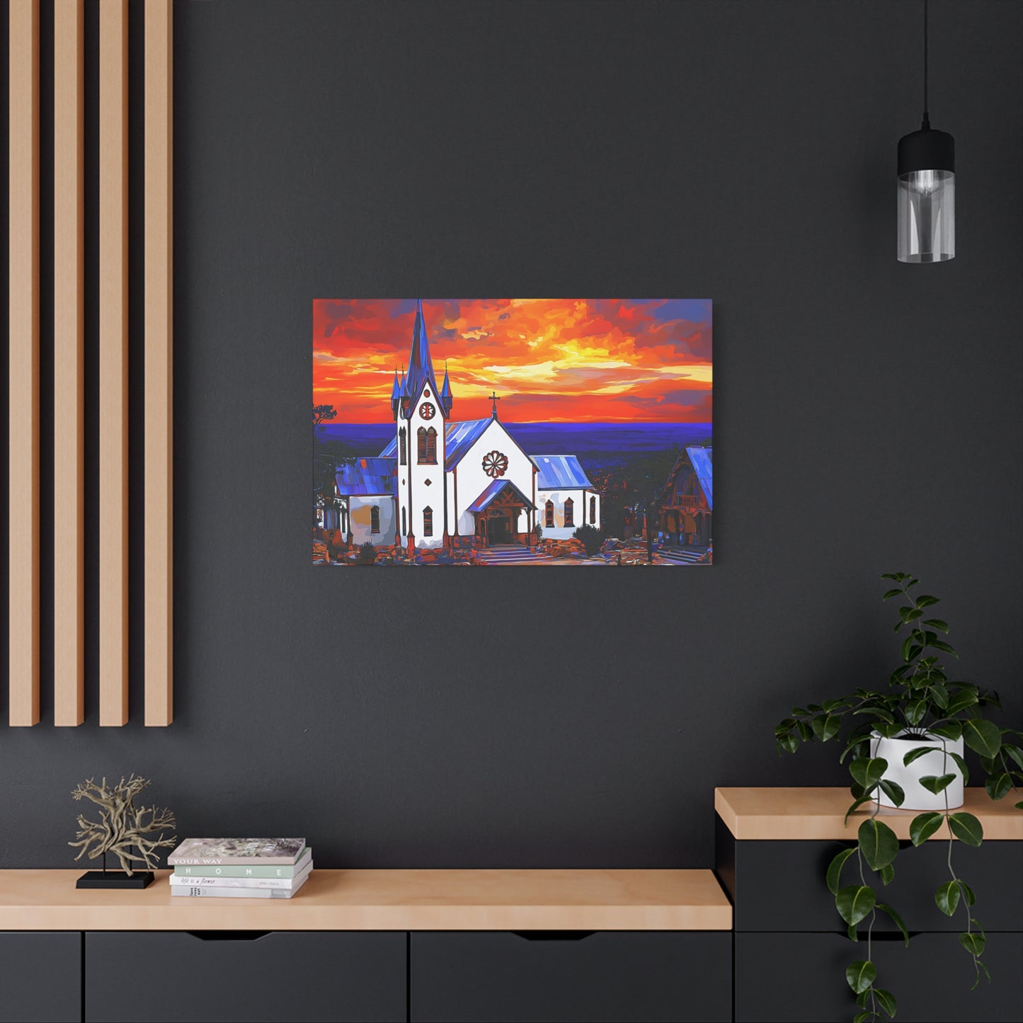 Canvas Print - Bold White Church with Fire Sky