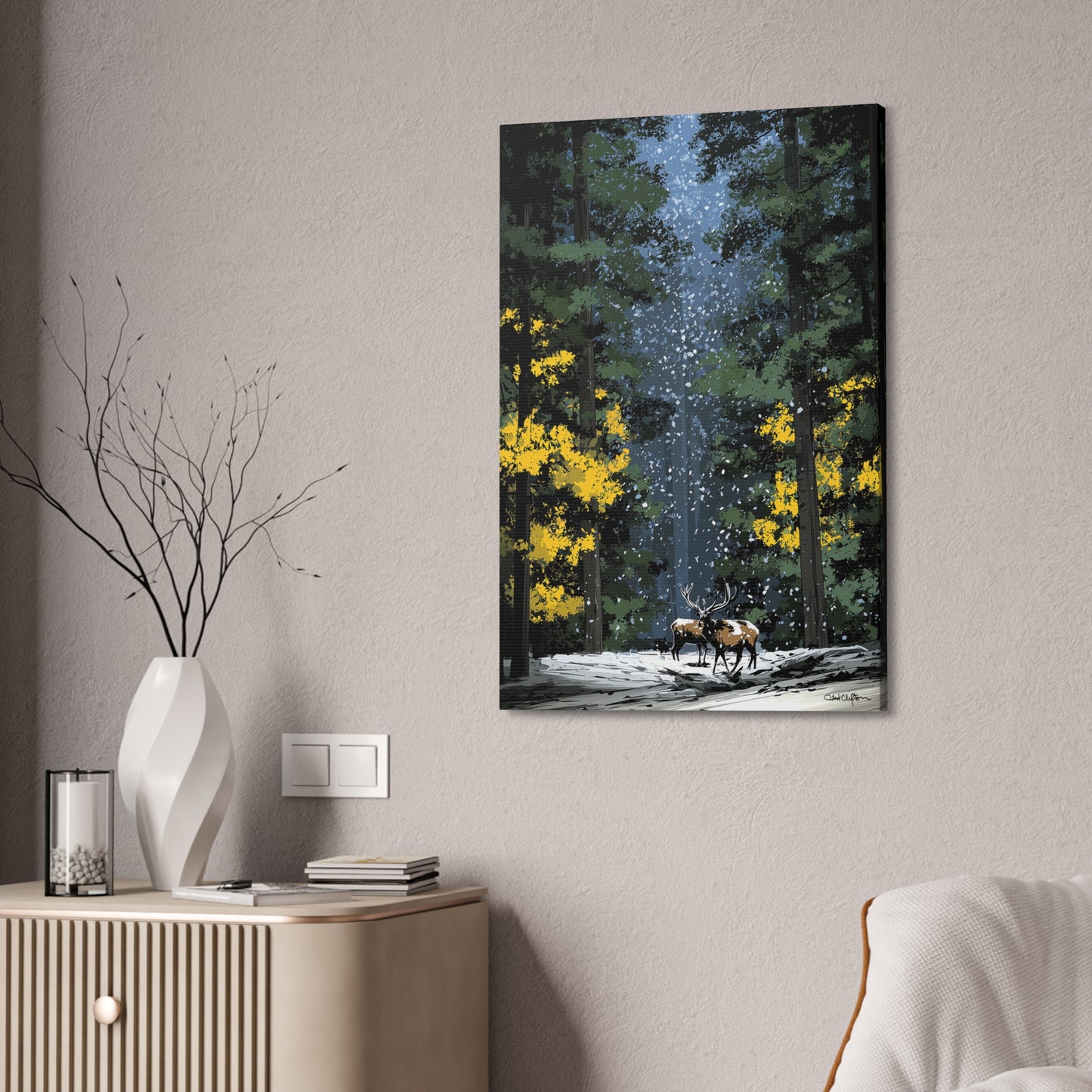 Snowy Forest Scene with Elk-1.5" depth