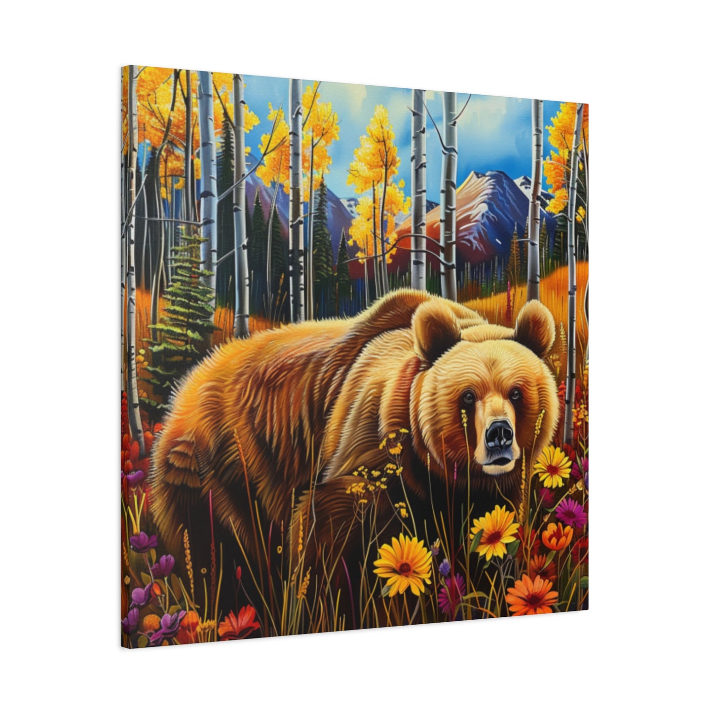 Brown Bear in Mountains smelling flowers