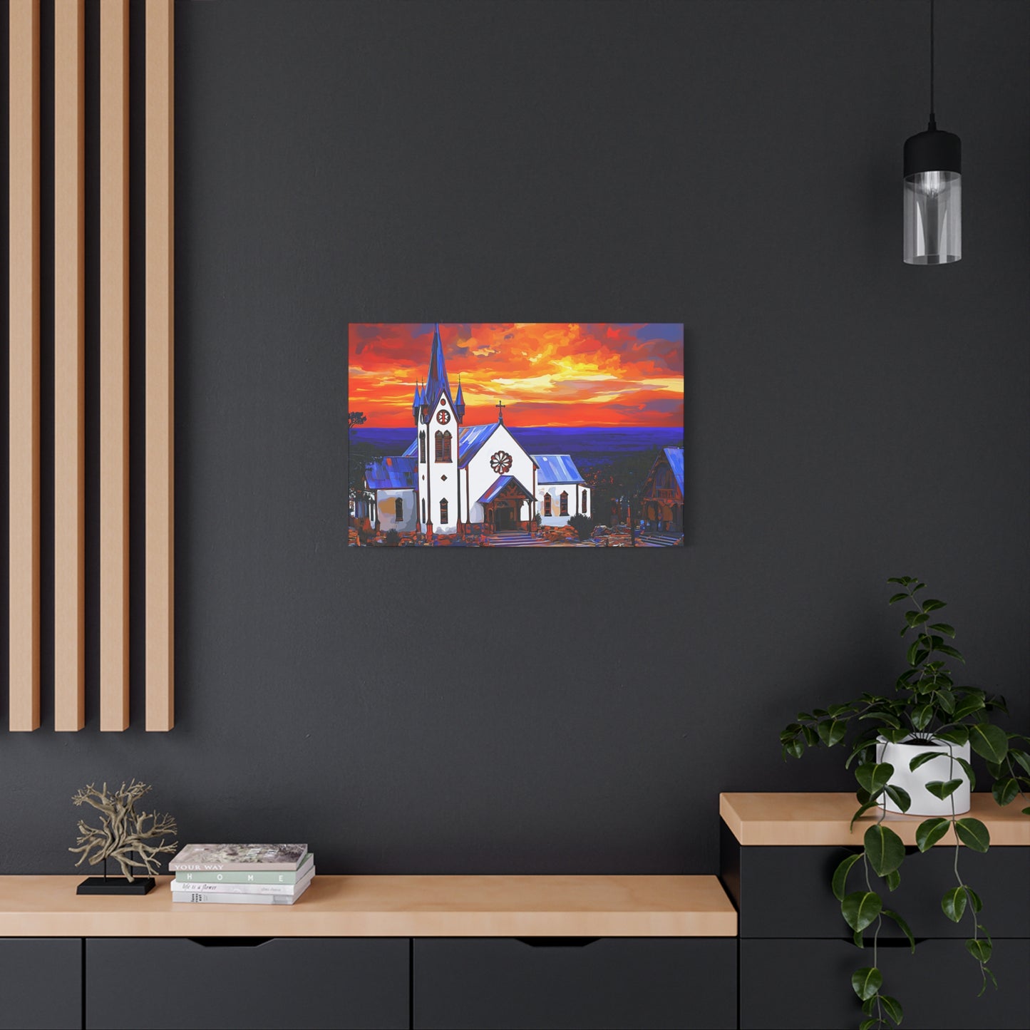 Canvas Print - Bold White Church with Fire Sky