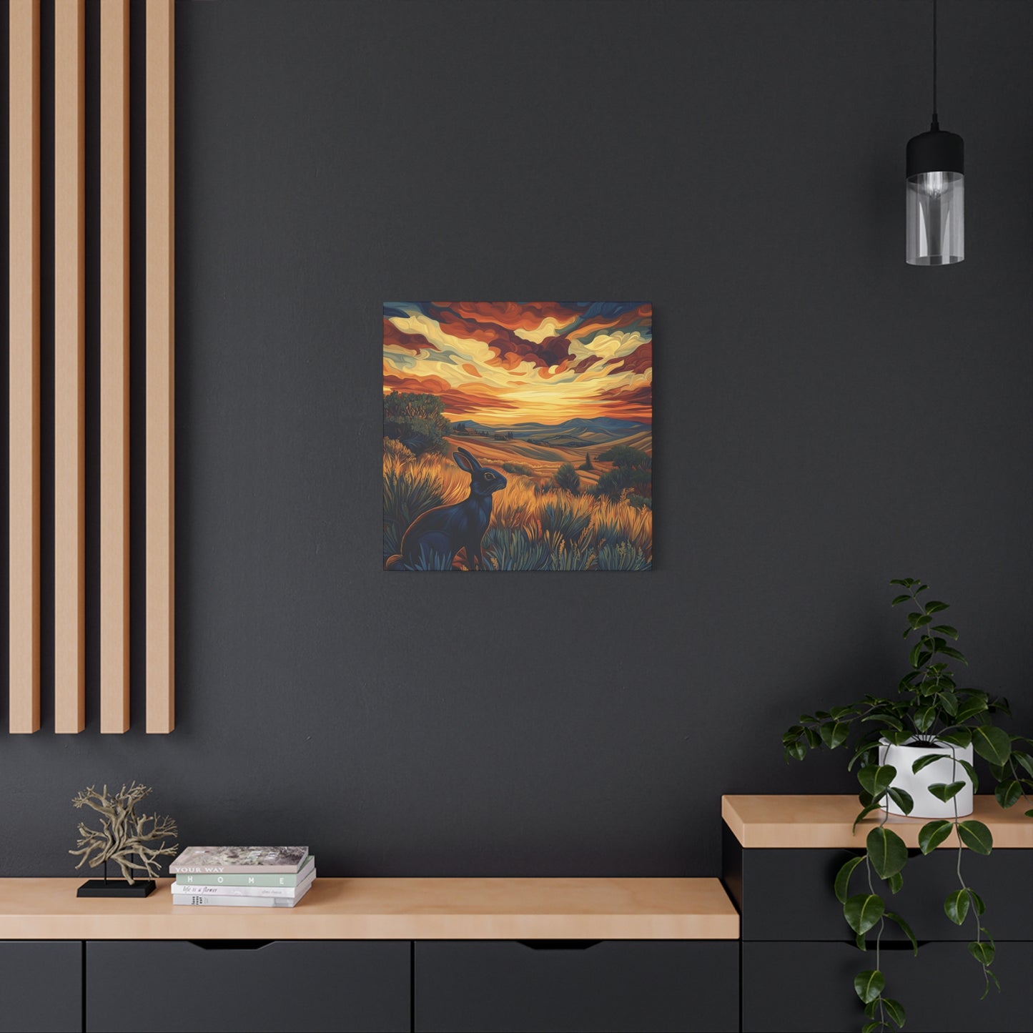 Serene Landscape Canvas Art - Black Rabbit at Sunset