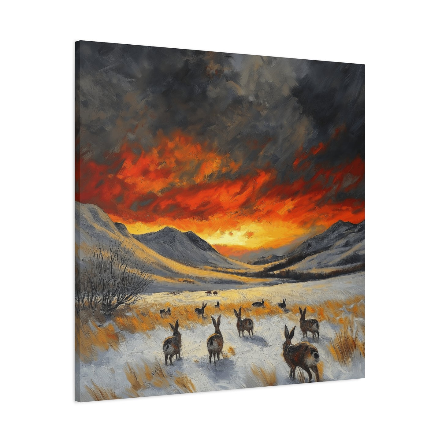 Stretched Canvas Art: Snowy Landscape with Rabbits - Perfect for Home Décor