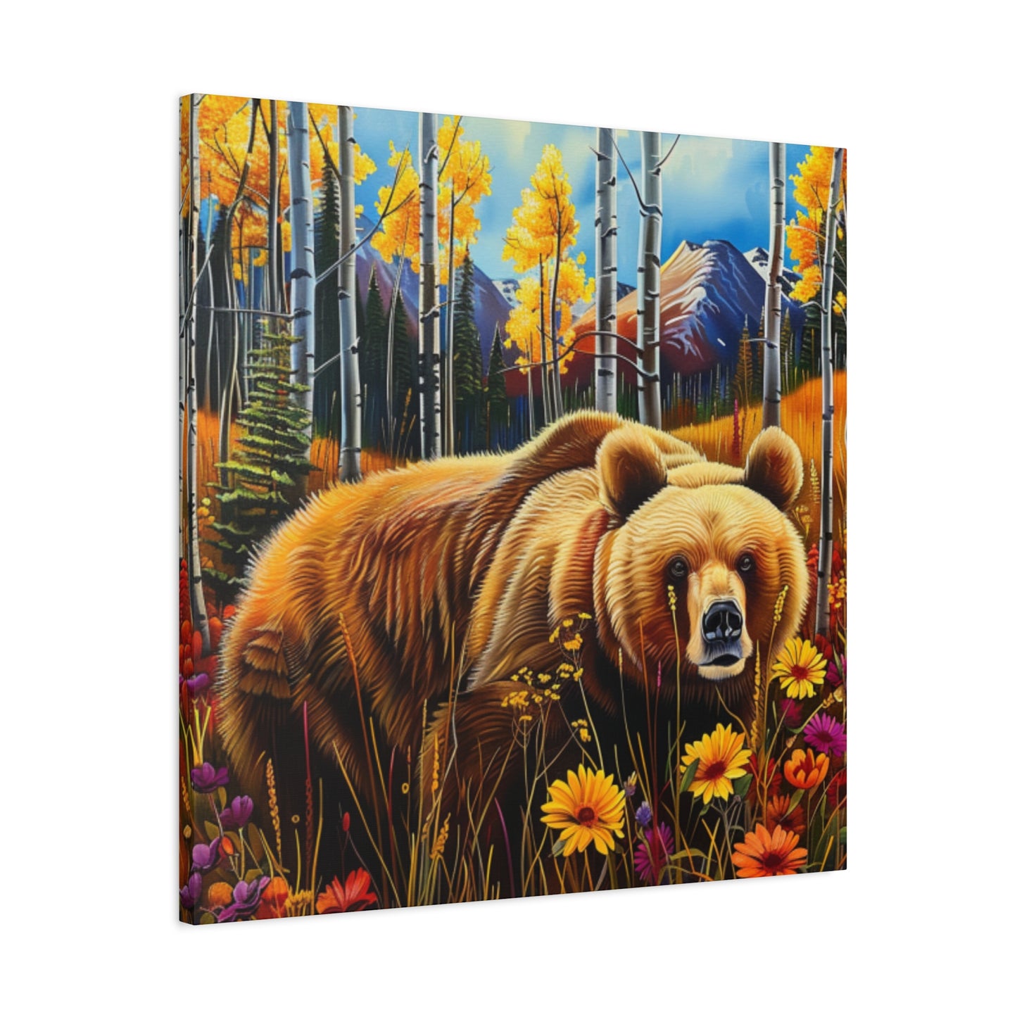 Brown Bear in Mountains smelling flowers