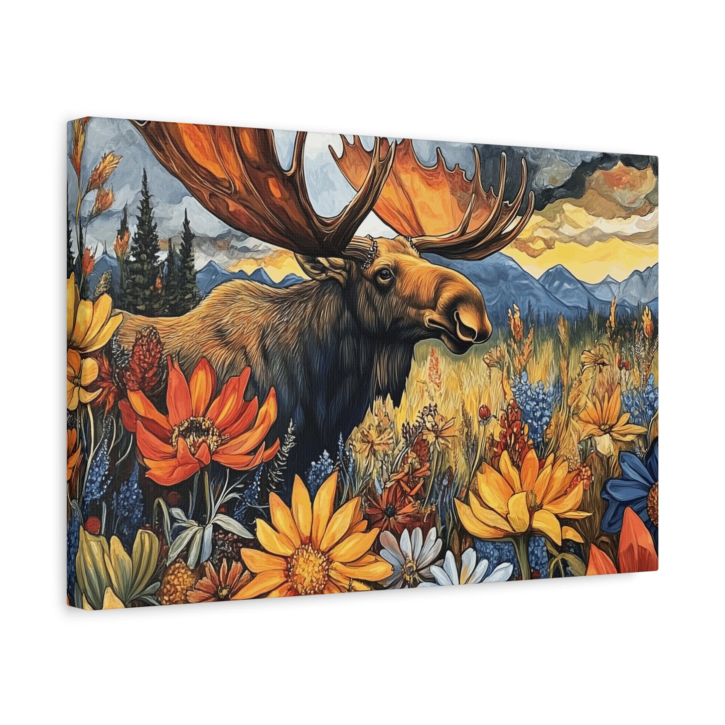 Wildlife Canvas Art - Moose in Floral Landscape