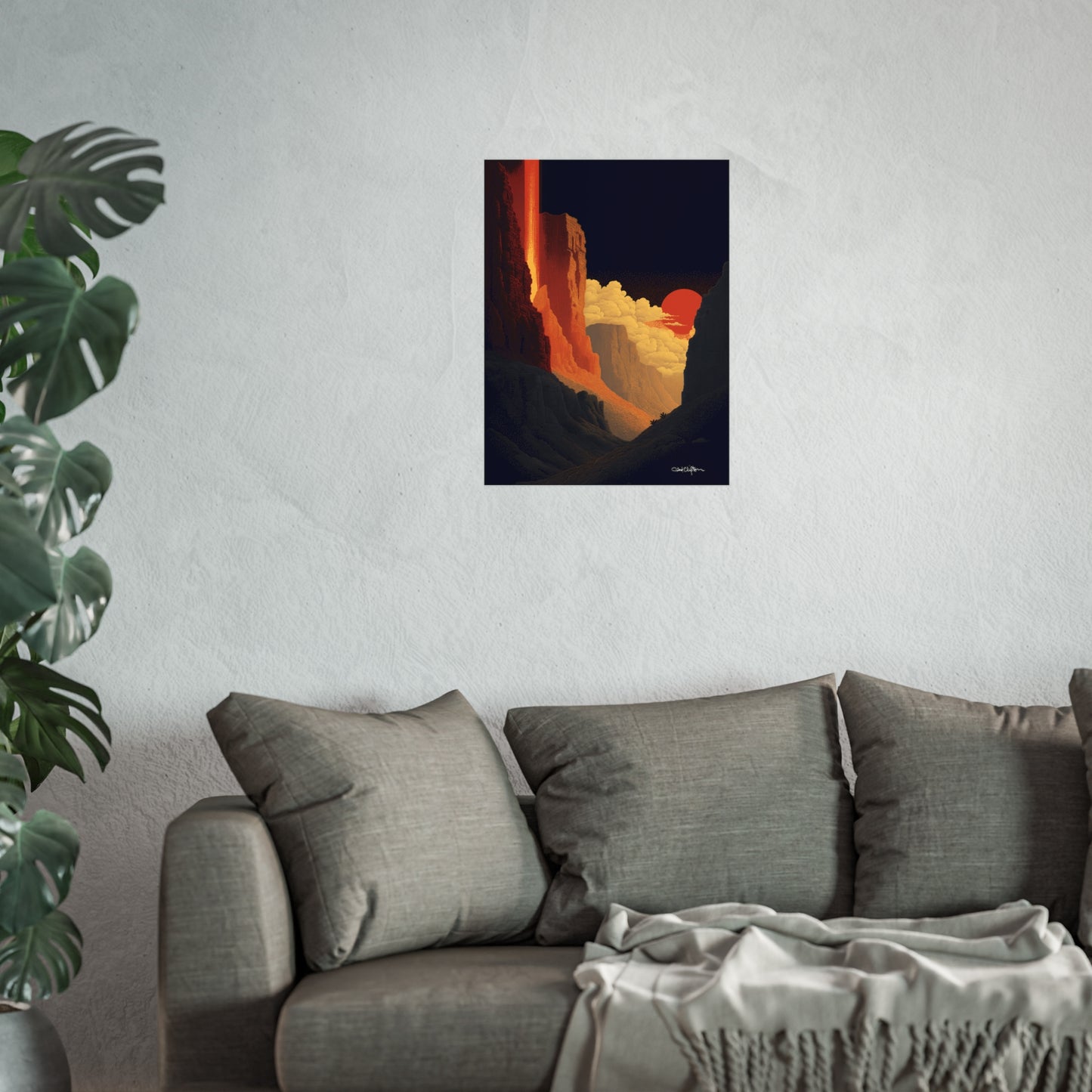 Sunset Canyon Giclee Fine Art Poster — Dramatic Red Sun Landscape Wall Art