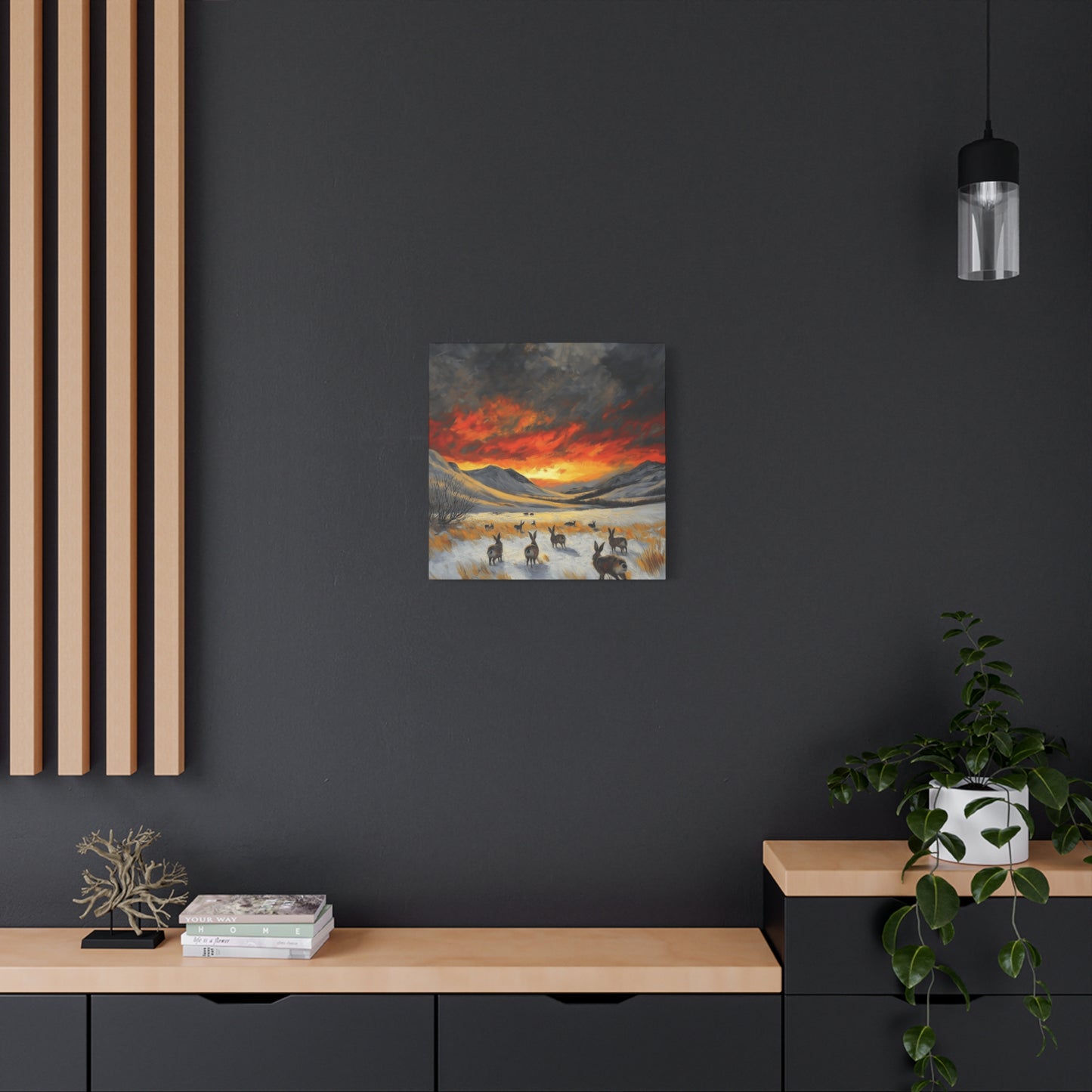 Stretched Canvas Art: Snowy Landscape with Rabbits - Perfect for Home Décor