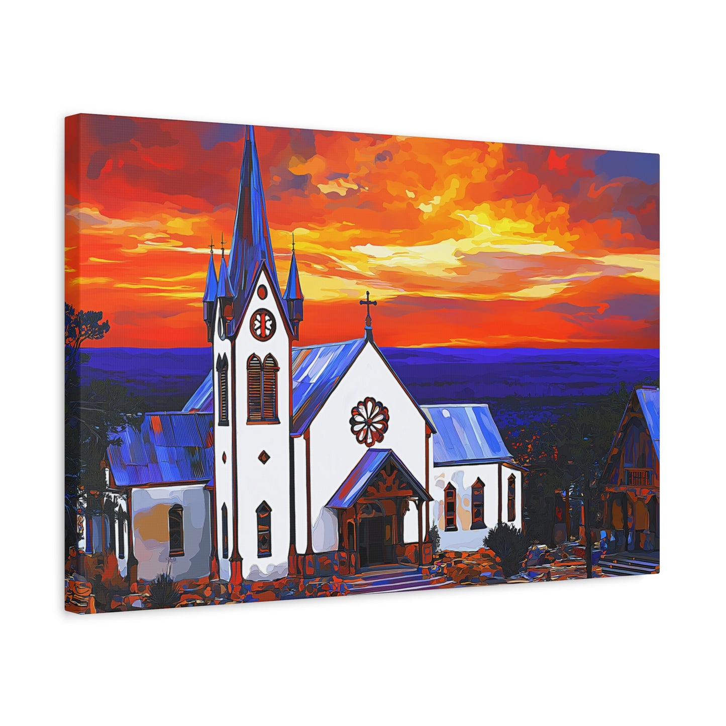 Canvas Print - Bold White Church with Fire Sky