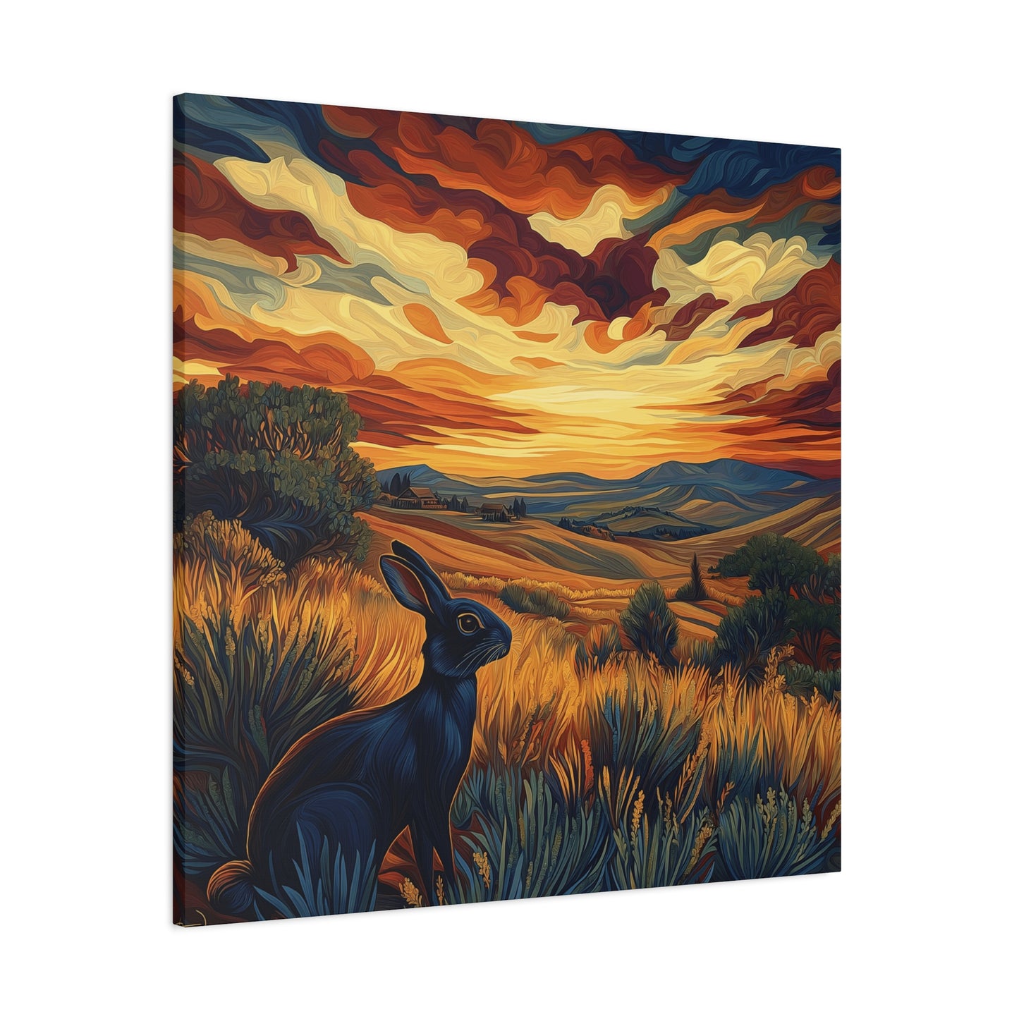 Serene Landscape Canvas Art - Black Rabbit at Sunset
