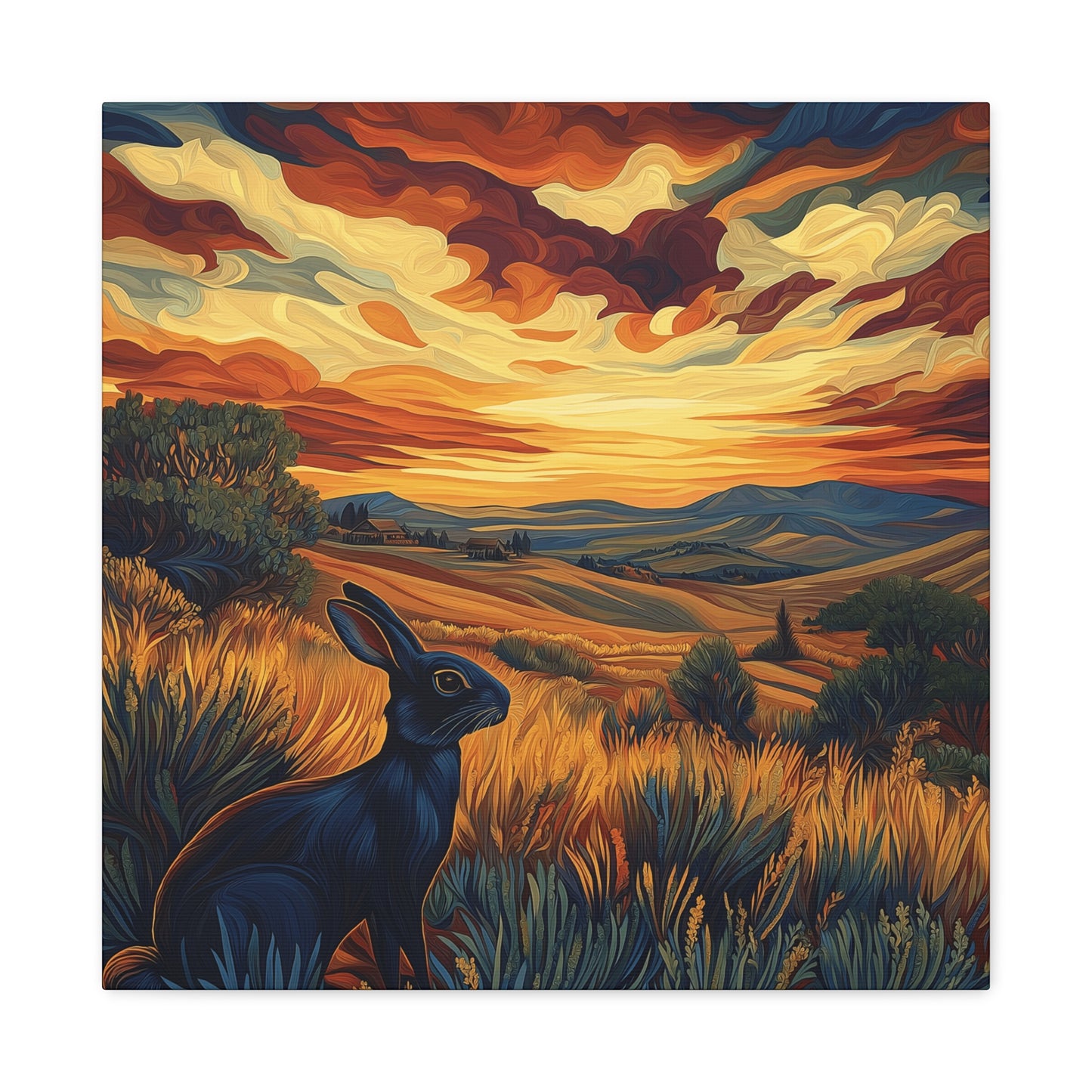 Serene Landscape Canvas Art - Black Rabbit at Sunset