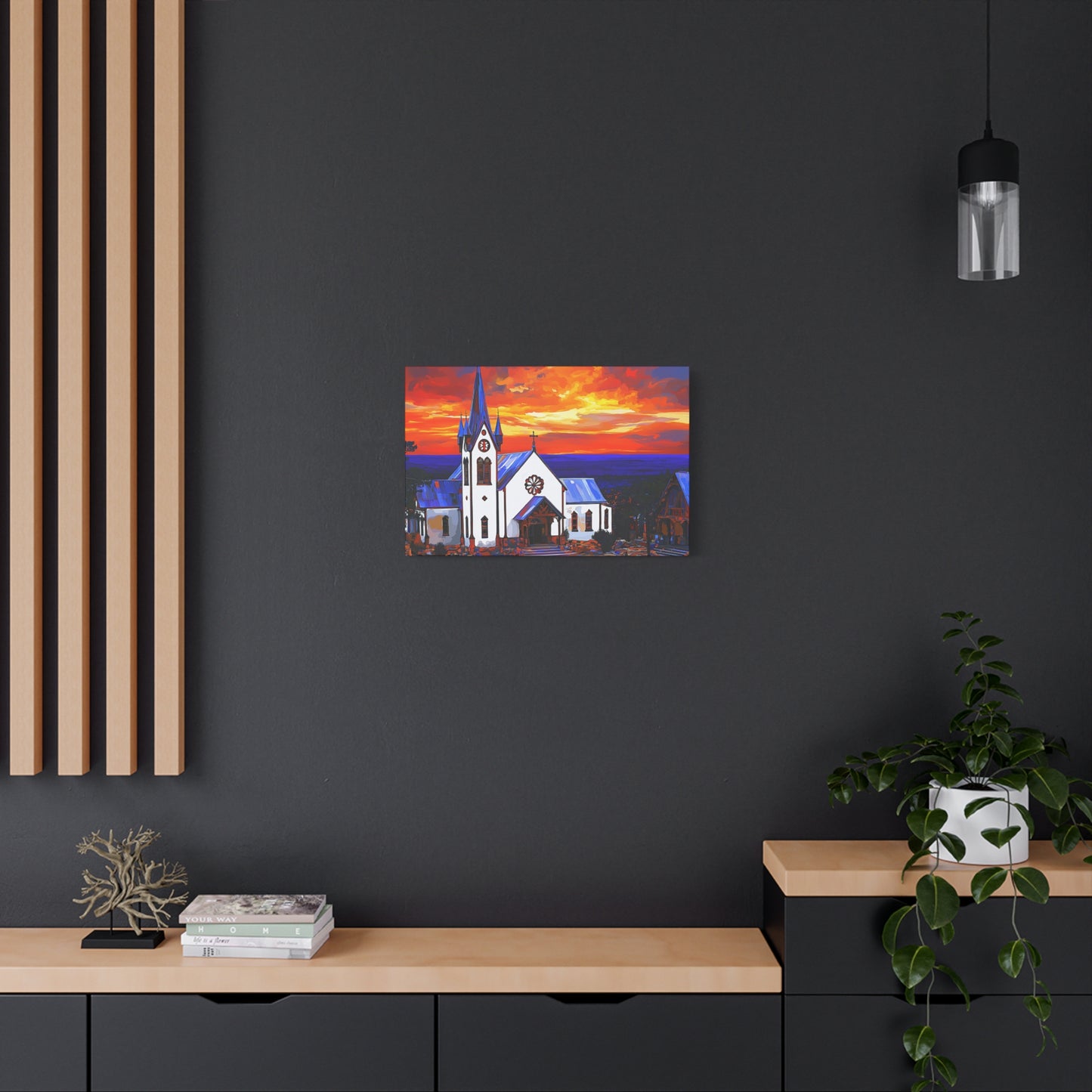 Canvas Print - Bold White Church with Fire Sky