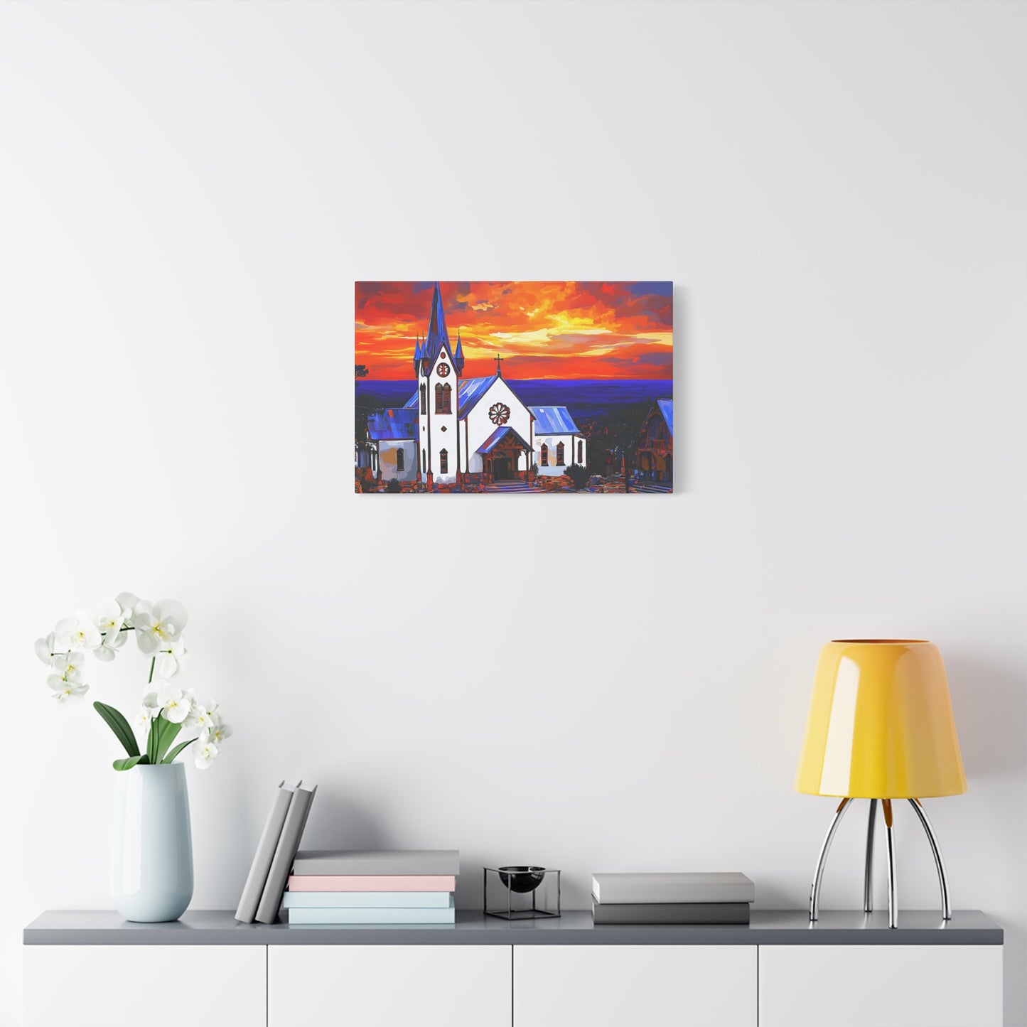 Canvas Print - Bold White Church with Fire Sky