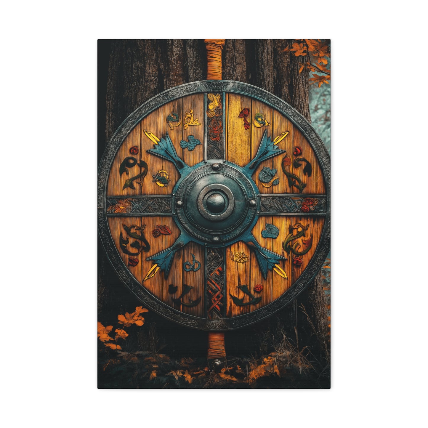 Viking Shield Wall Art - Matte Canvas Print, 1.25" Depth, Rustic Fantasy Decor